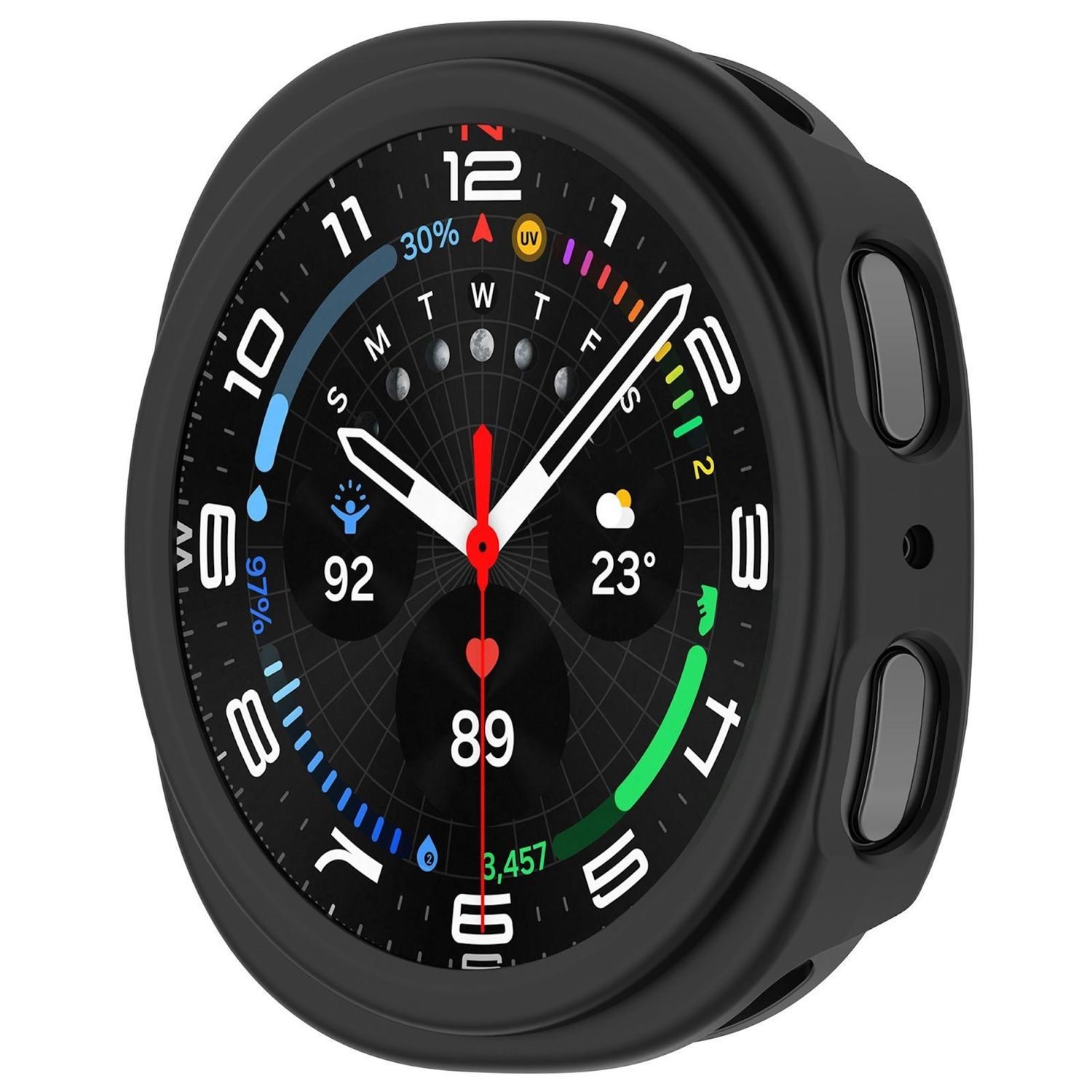Smartwatch mit schwarzem Zifferblatt und schwarzer Lünette. Die Uhr zeigt Zeit, Temperatur und andere Infos.