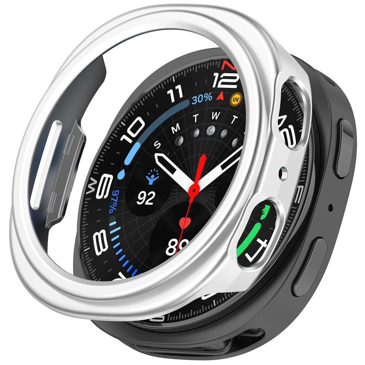 Uno smartwatch con lunetta argentata. Il quadrante mostra l'ora e i parametri sanitari.