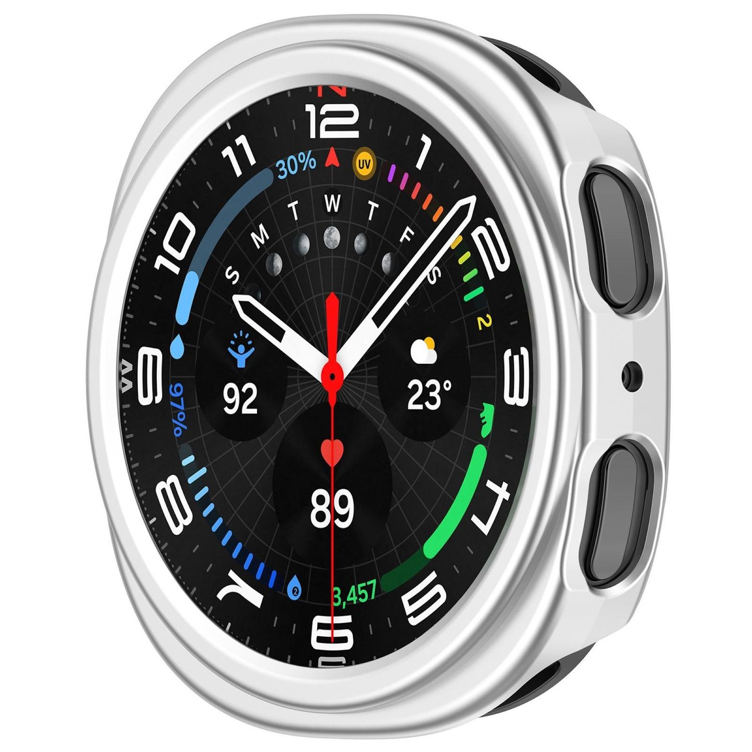 Uno smartwatch con lunetta argentata, che mostra ora, parametri sanitari e meteo.