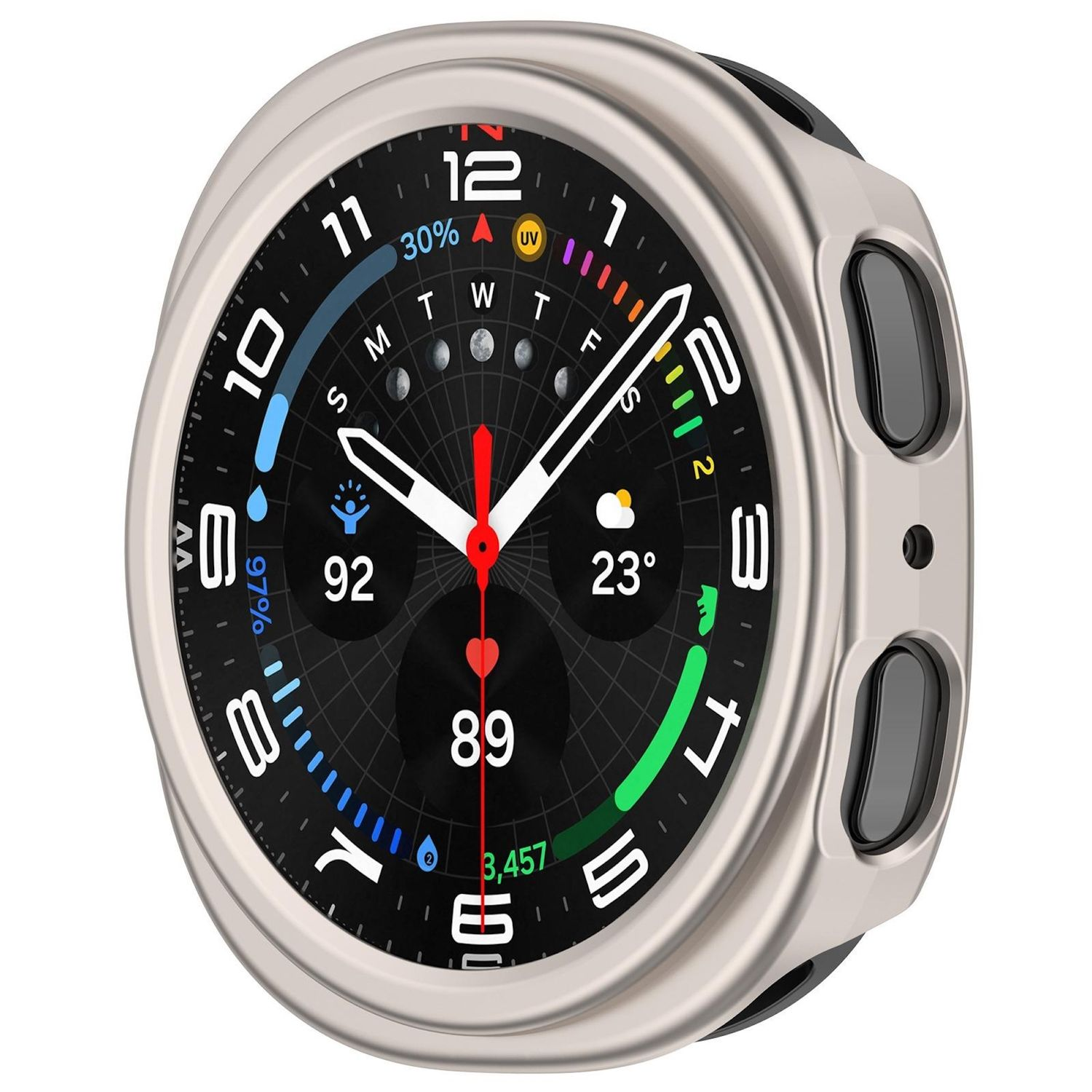 Eine Smartwatch mit silberner Lünette, die Zeit, Gesundheitsmetriken und Wetter anzeigt.