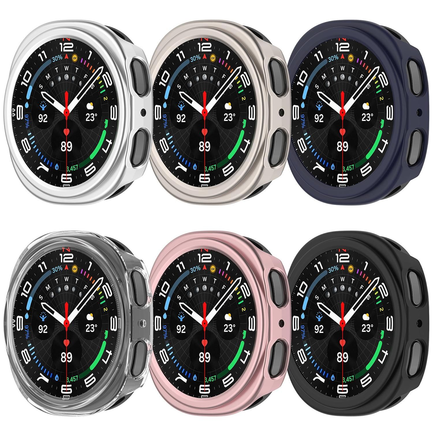 Sechs Smartwatches mit verschiedenfarbigen Lünetten: Silber, Gold, Marine, Grau, Rosa und Schwarz.