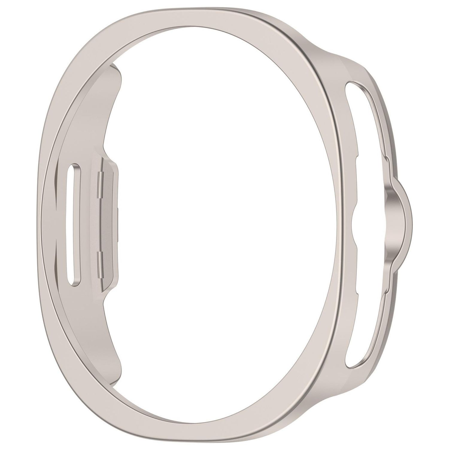 Eine silberne Smartwatch-Lünette ohne Zifferblatt, mit Aussparungen für die Knöpfe.