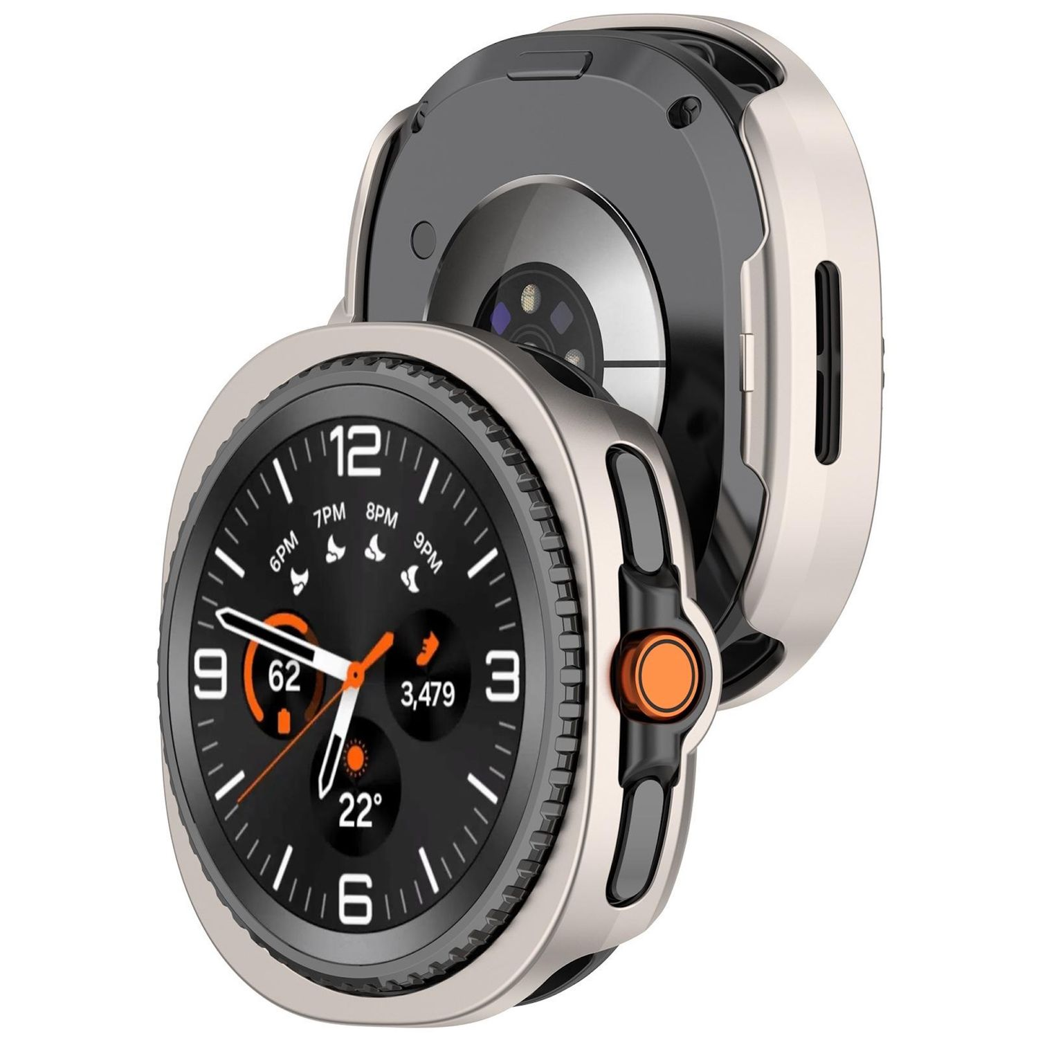 Eine Smartwatch mit silbernem Gehäuse und schwarzem Zifferblatt. Das Gehäuse ist zur Darstellung vom Uhrenkörper getrennt.