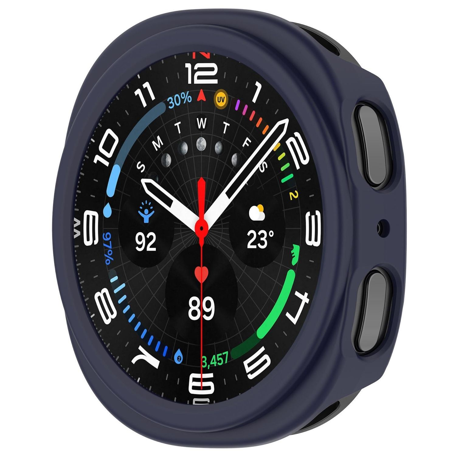 Eine Smartwatch mit blauem Gehäuse. Das Zifferblatt zeigt Zeit, Gesundheitsmetriken und einen dunklen Hintergrund.