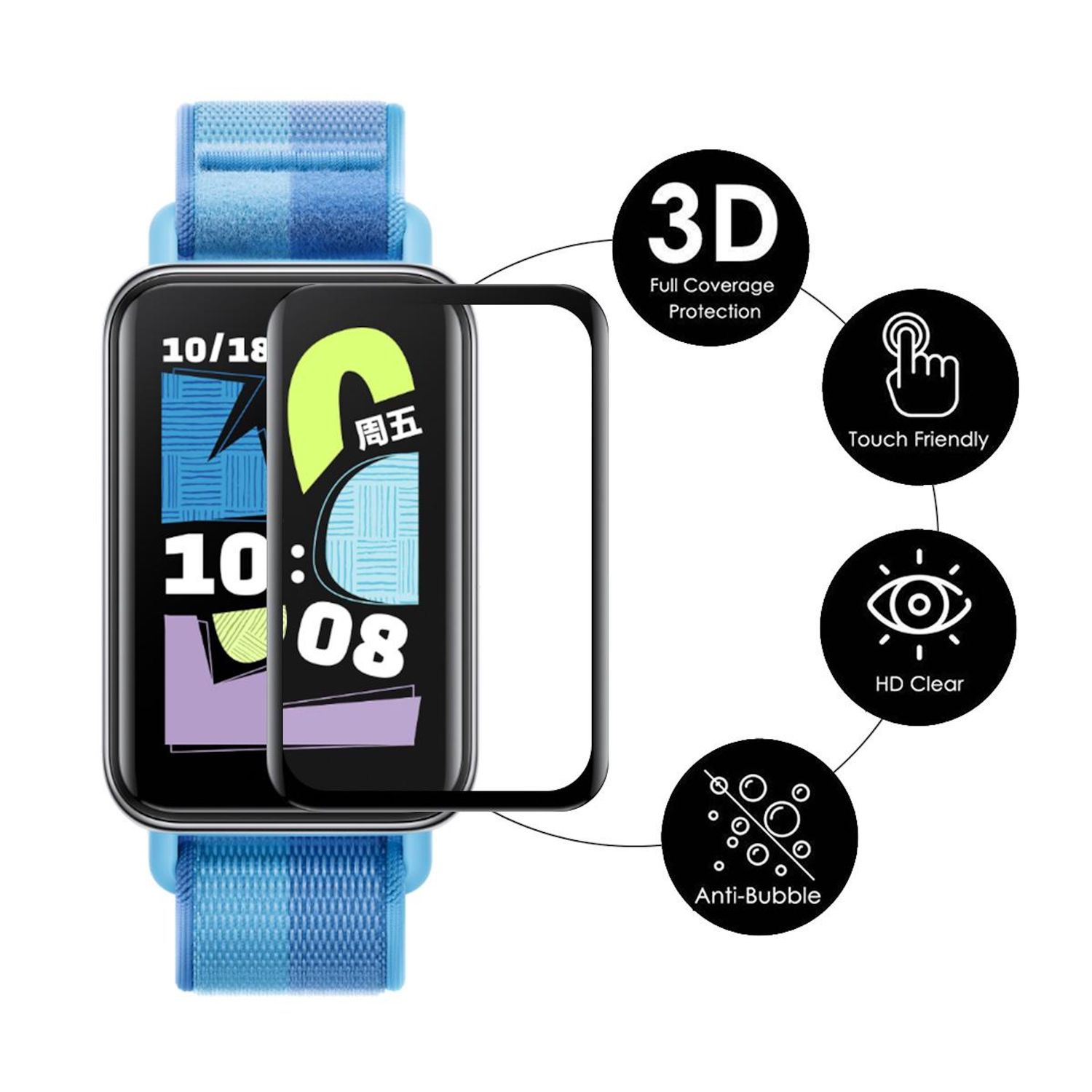 Eine Smartwatch mit blauem Armband und Displayschutz, mit Symbolen für Schutzfunktionen.