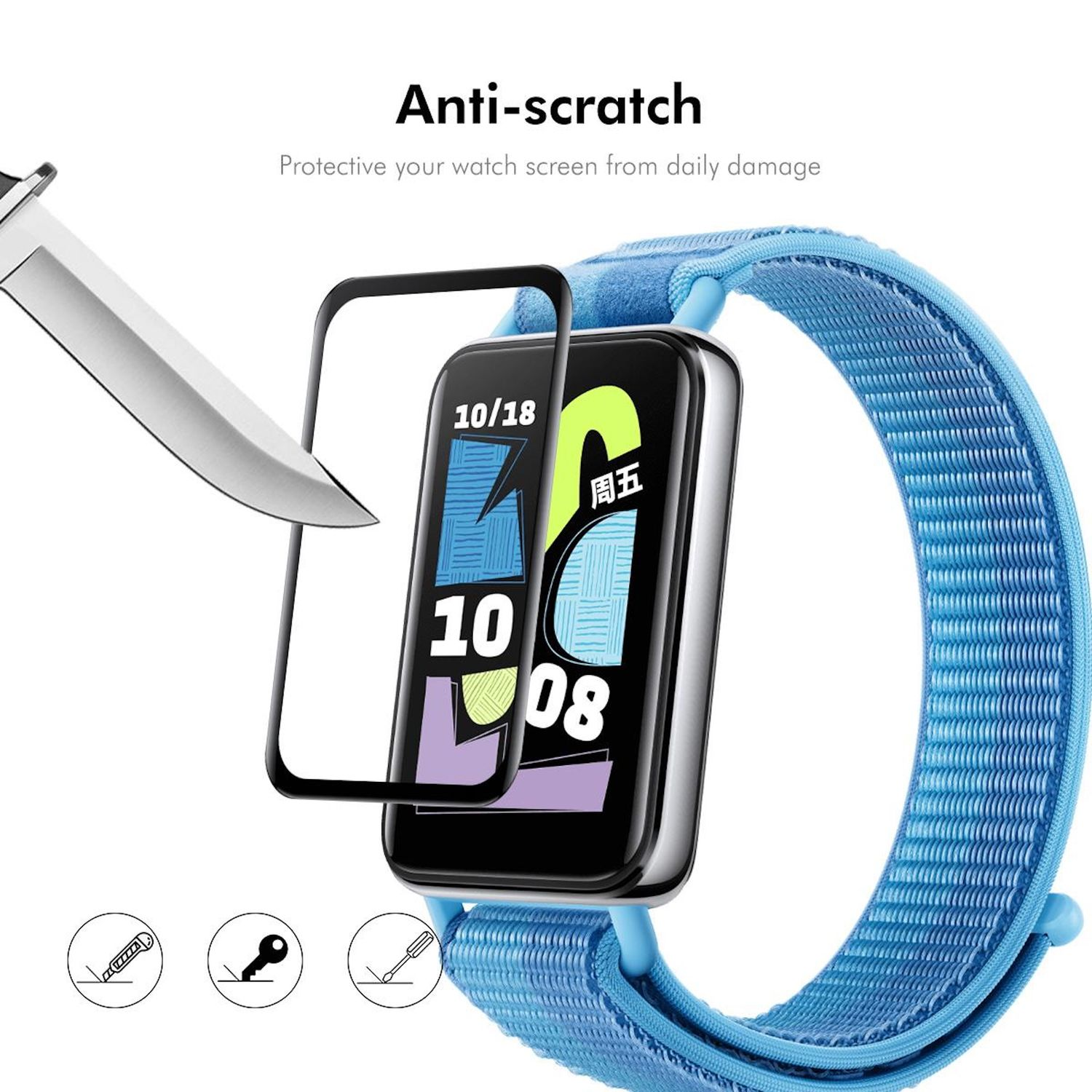 Ein Messer schneidet eine Displayschutzfolie auf einer Smartwatch mit blauem Armband, mit Symbolen.