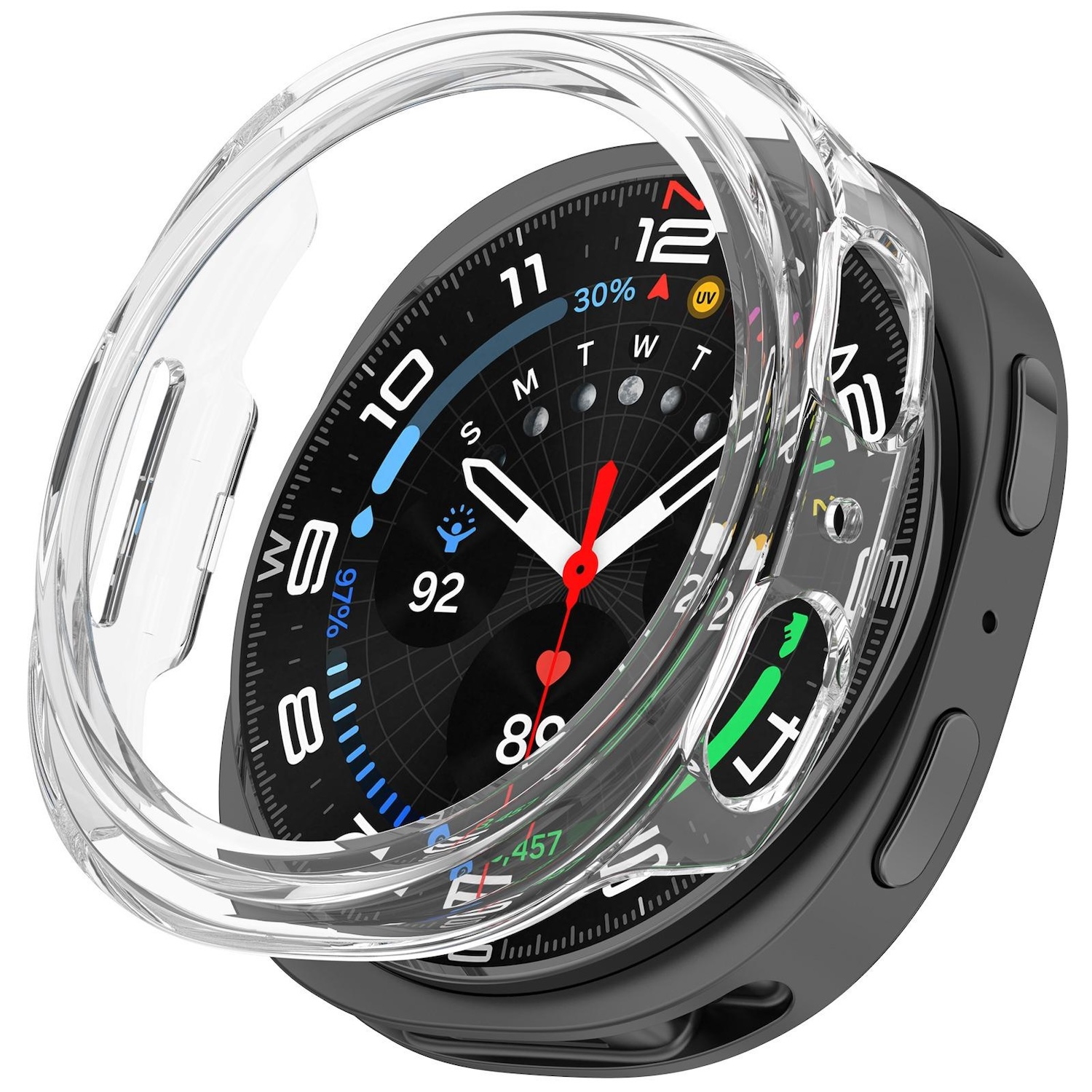Eine Smartwatch mit transparentem Gehäuse. Das Zifferblatt zeigt Zeit, Gesundheitsmetriken und einen dunklen Hintergrund.