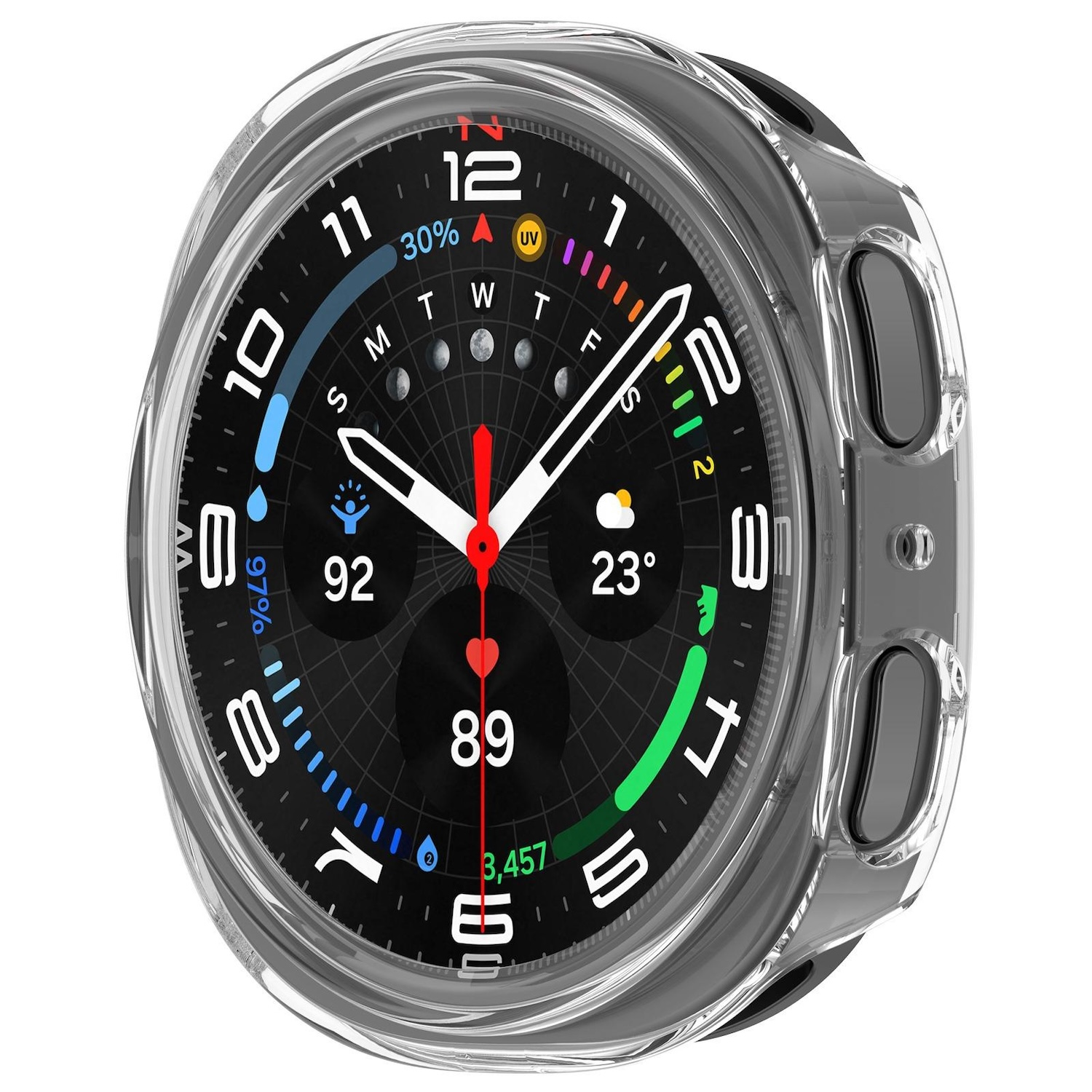 Eine Smartwatch mit transparentem Gehäuse. Das Zifferblatt zeigt Zeit, Gesundheitsmetriken und die Lünette ist dunkelgrau.