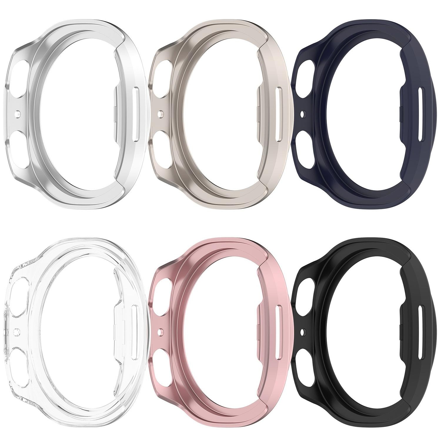 Sechs Schutzhüllen für Smartwatches. Die Hüllen sind in verschiedenen Farben erhältlich: klar, silber, roségold, schwarz und blau.