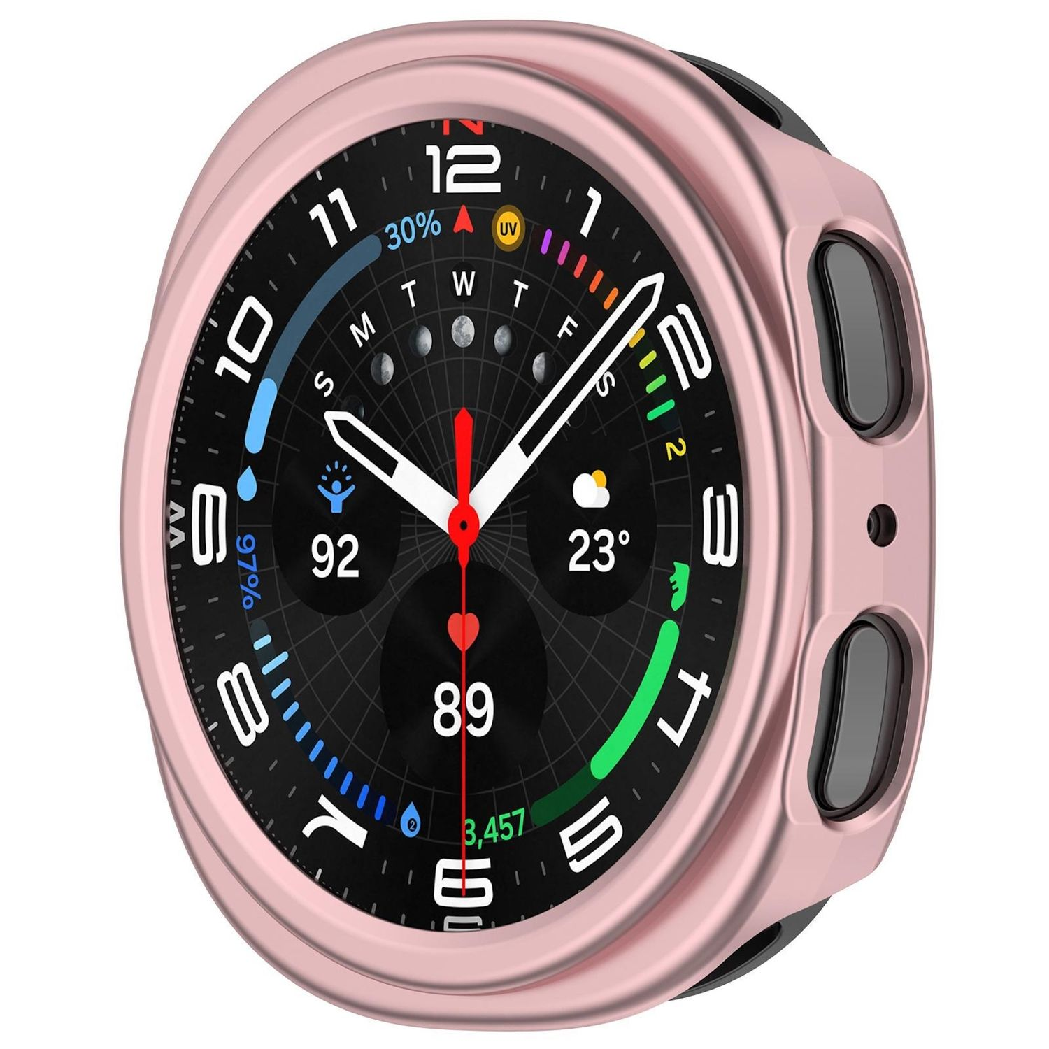 Eine Smartwatch mit roségoldfarbenem Gehäuse. Das Zifferblatt zeigt Zeit, Gesundheitsmetriken und einen dunklen Hintergrund.