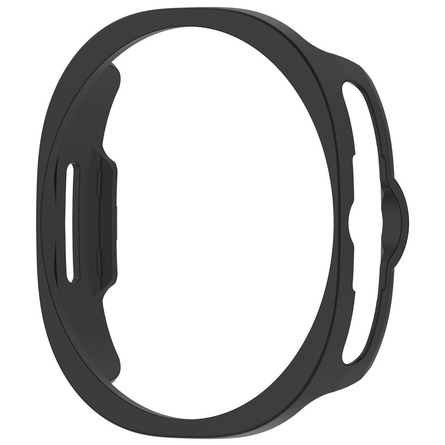 Ein schwarzer Schutzring für eine Smartwatch. Es ist ein einfaches, kreisförmiges Band mit einem Ausschnitt für das Zifferblatt.
