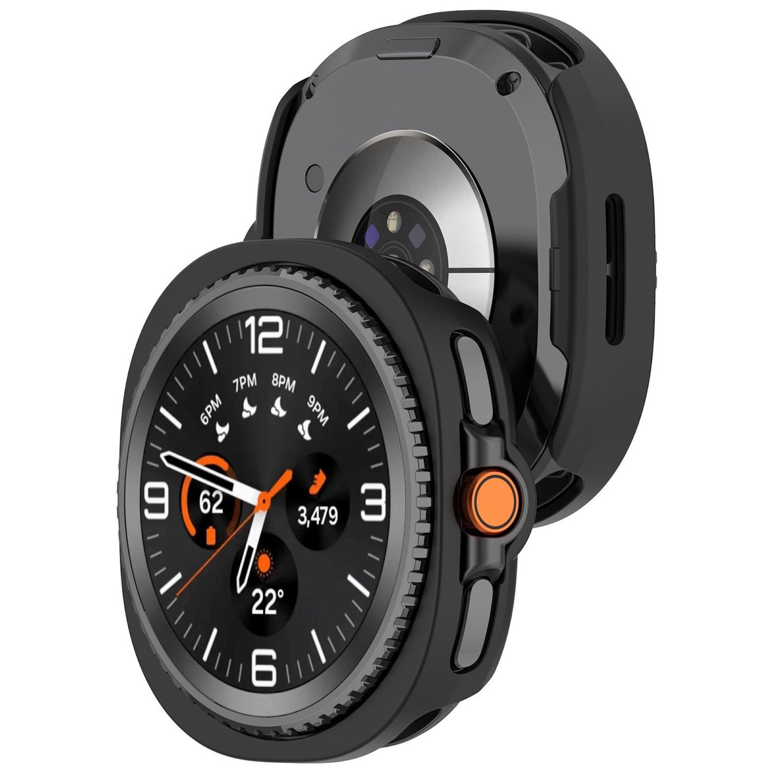 Schwarze Uhr mit schwarzem Schutzgehäuse. Das Zifferblatt zeigt Zeit, Statistiken und Symbole. Orangefarbene Taste.