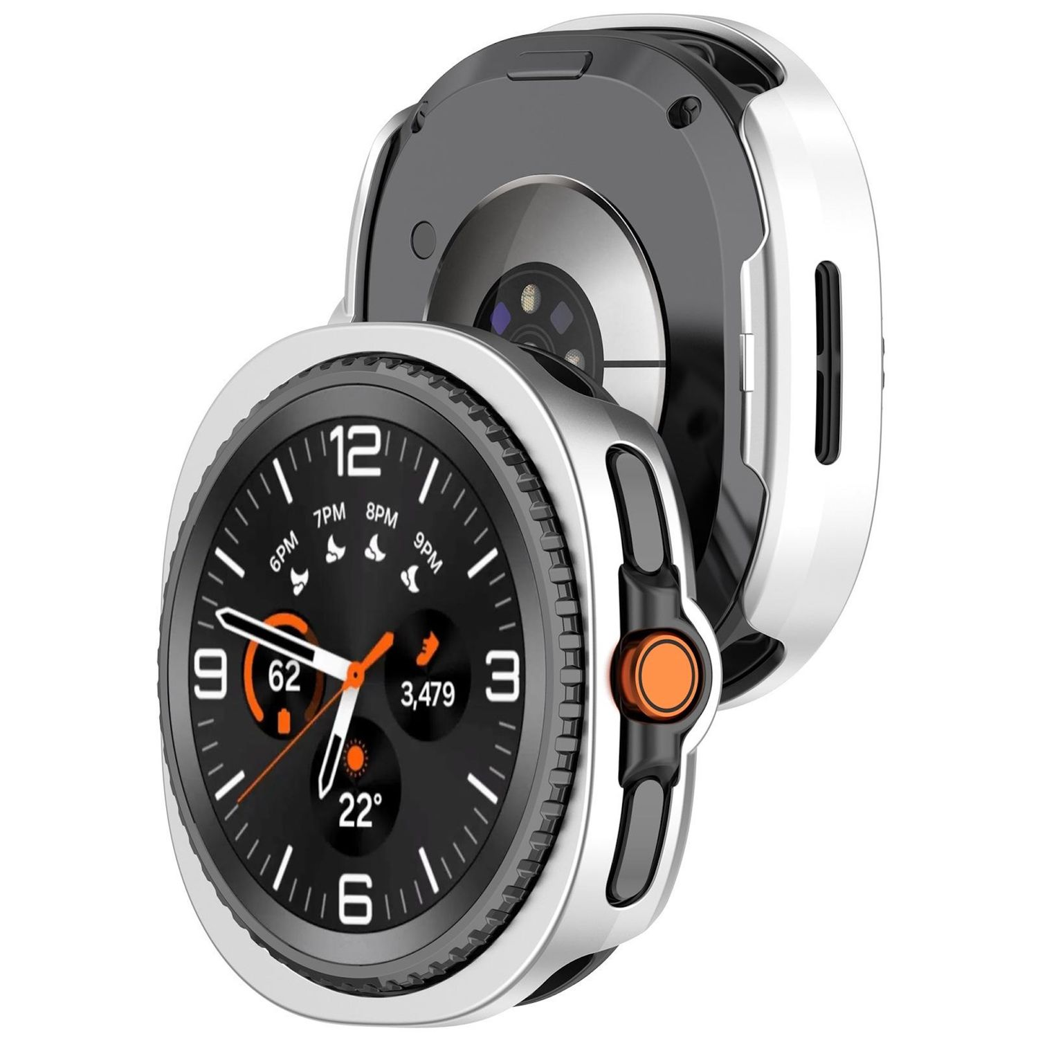 Silberne Uhr mit silbernem Schutzgehäuse. Das Zifferblatt zeigt Zeit, Statistiken und Symbole. Orangefarbene Taste.