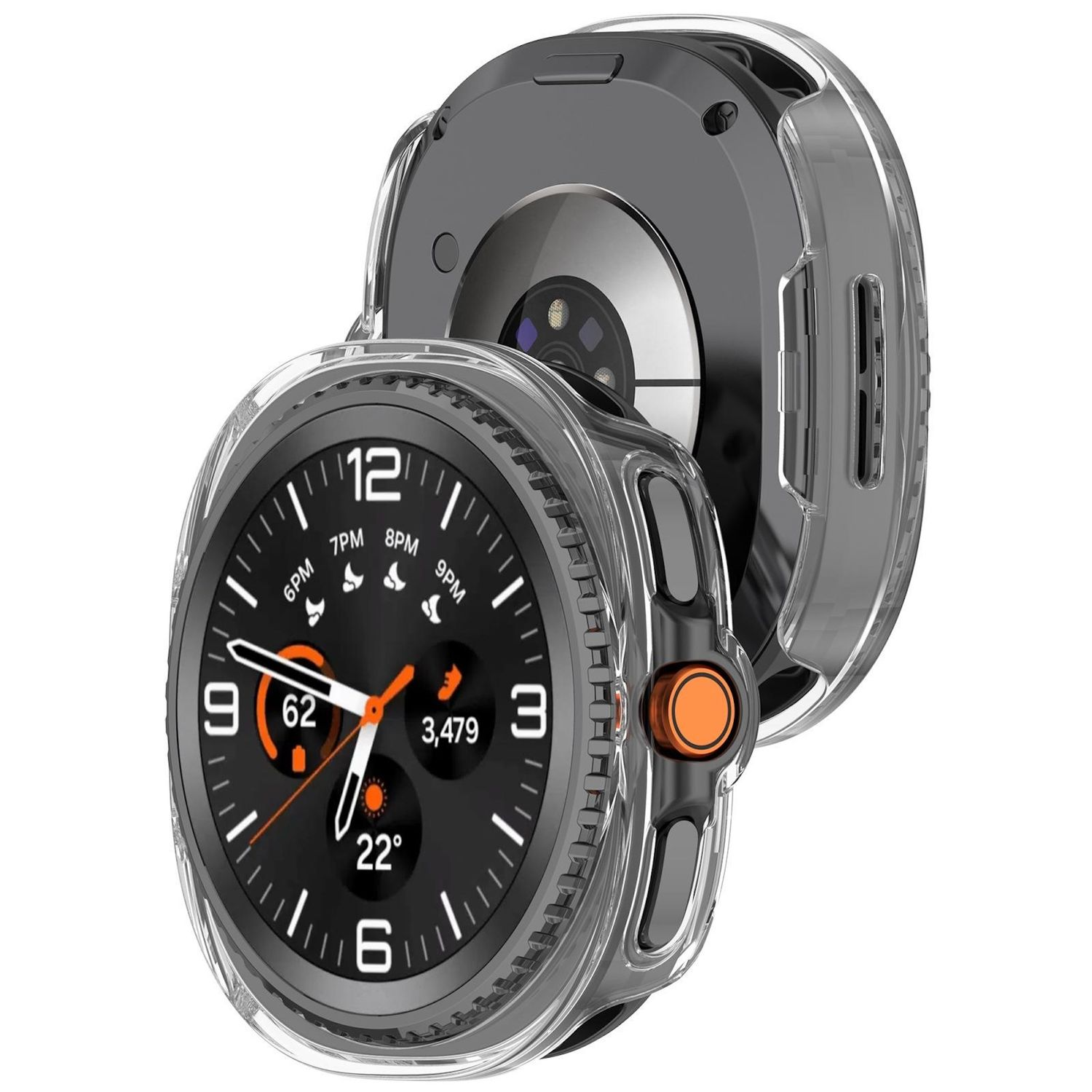 Orologio con custodia protettiva trasparente. Il quadrante mostra ora, statistiche e icone. Pulsante arancione.