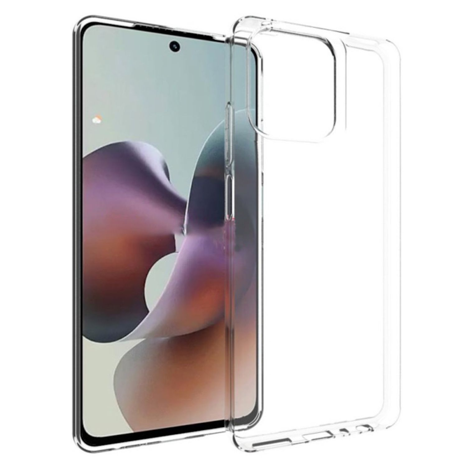 Transparente Handyhülle auf dem Telefon. Das Telefon zeigt einen gebogenen Bildschirm mit rosa Hintergrund.