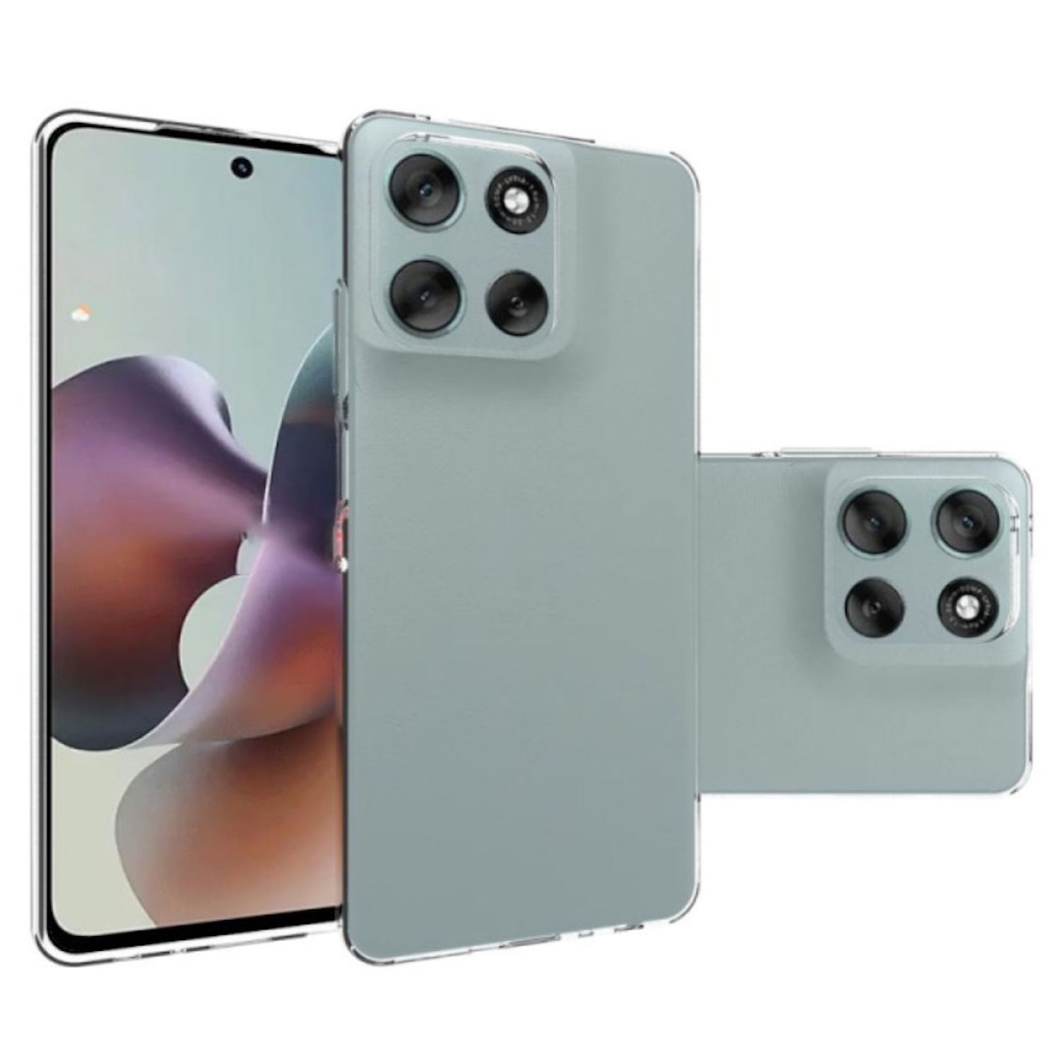 Telefon mit klarer Hülle auf der Rückseite. Das Telefon ist grau mit 4 Kameras. Der Hintergrund ist weiß.