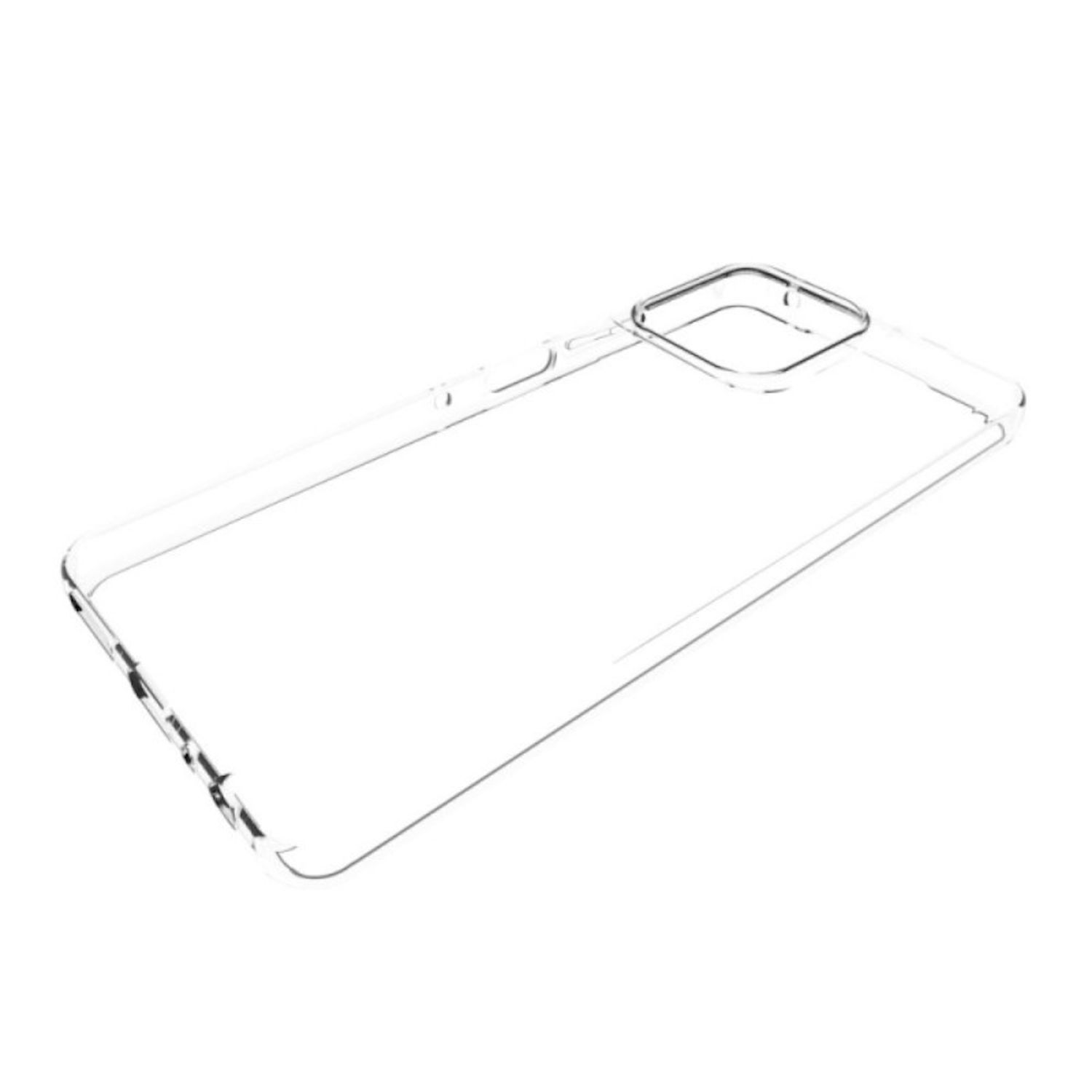 Transparente Handyhülle, zeigt die Rückseite des Telefons, mit Kameraaussparung.