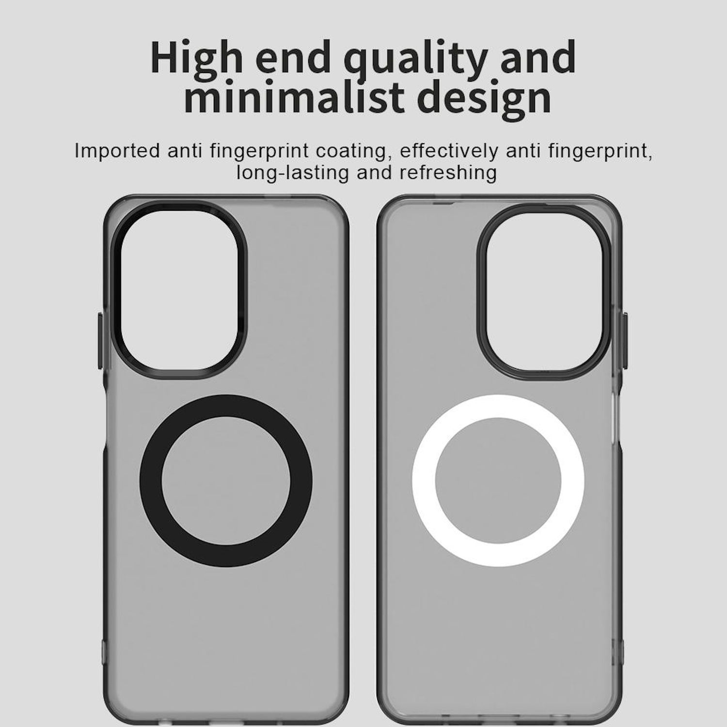 Dos fundas para teléfono con diseño minimalista y anillos magnéticos. Las fundas son grises y negras.