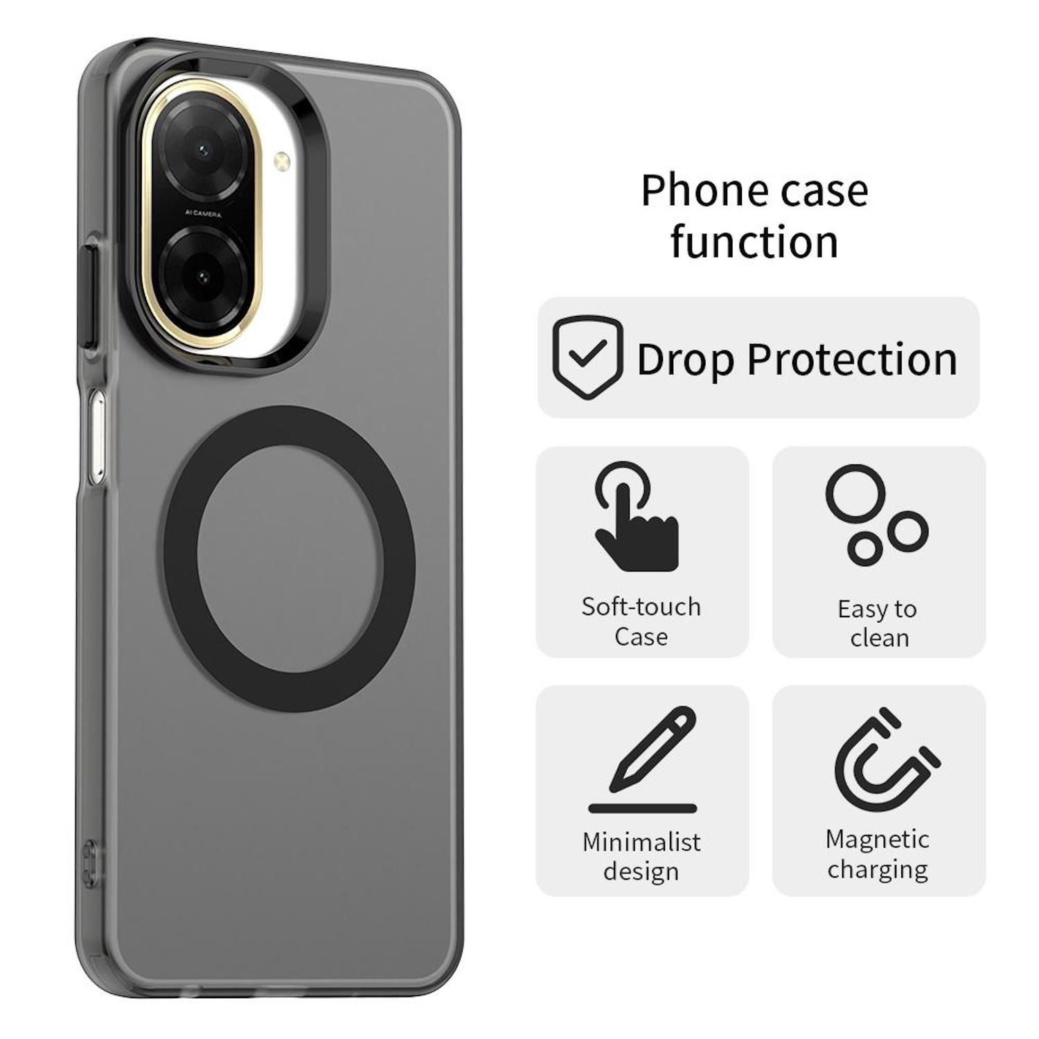 Funda con anillo magnético. Protección contra caídas, tacto suave, fácil limpieza, diseño minimalista y carga magnética.
