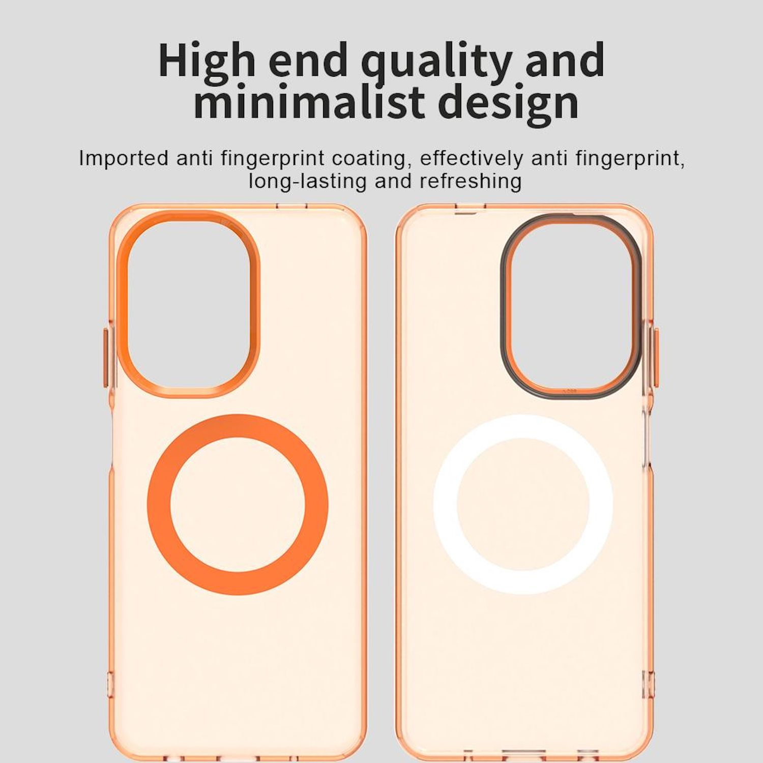 Dos fundas para teléfono. Una naranja, una transparente. Texto: Calidad de alta gama y diseño minimalista. Revestimiento anti-huellas.