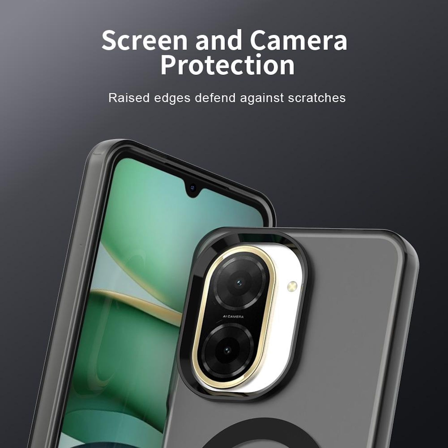 Funda con protección de pantalla y cámara. Bordes elevados para defender contra arañazos. Funda negra.