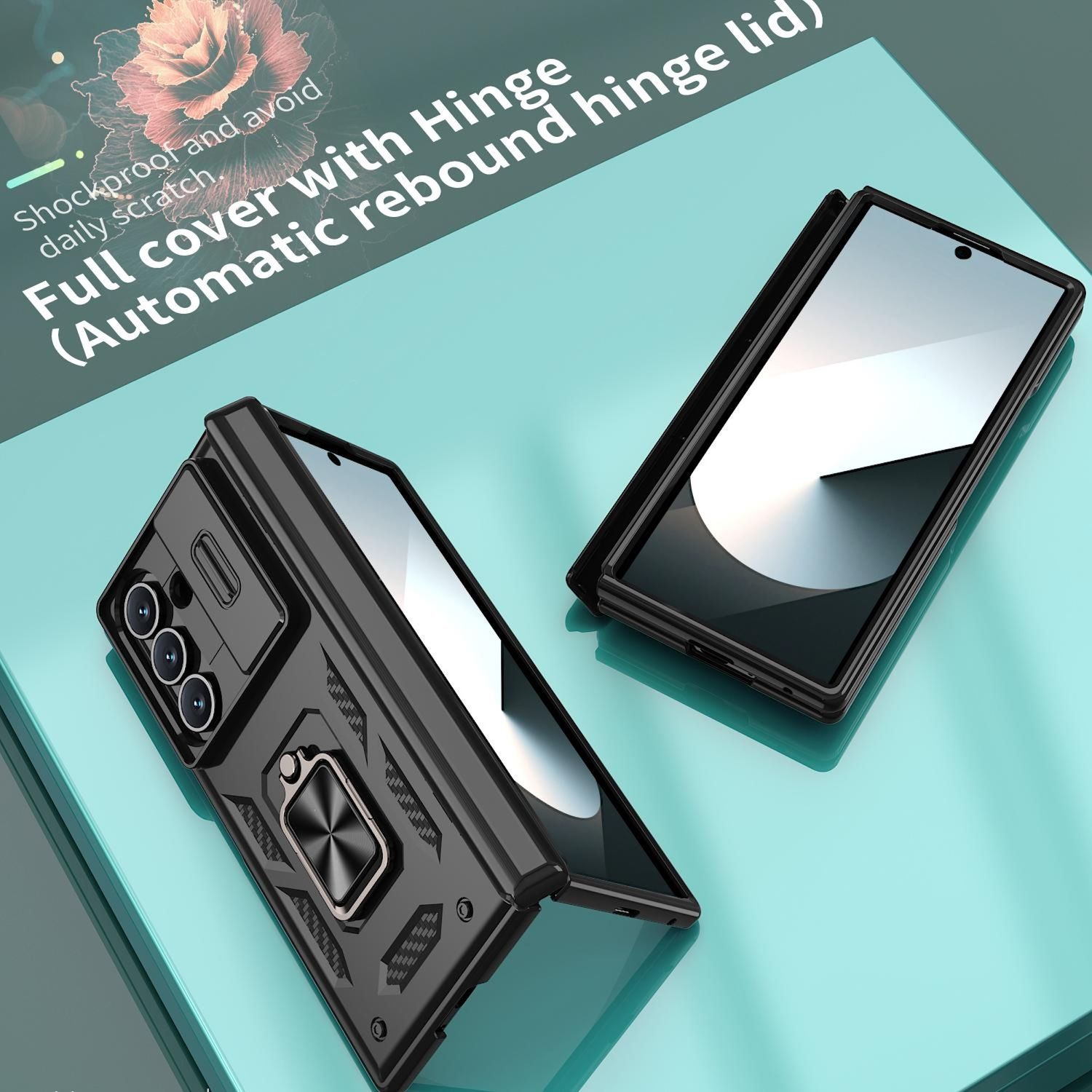 Schwarze Handyhülle mit Klappdeckel. Vollständige Abdeckung, automatischer Rückprall-Scharnierdeckel und Ringhalter.