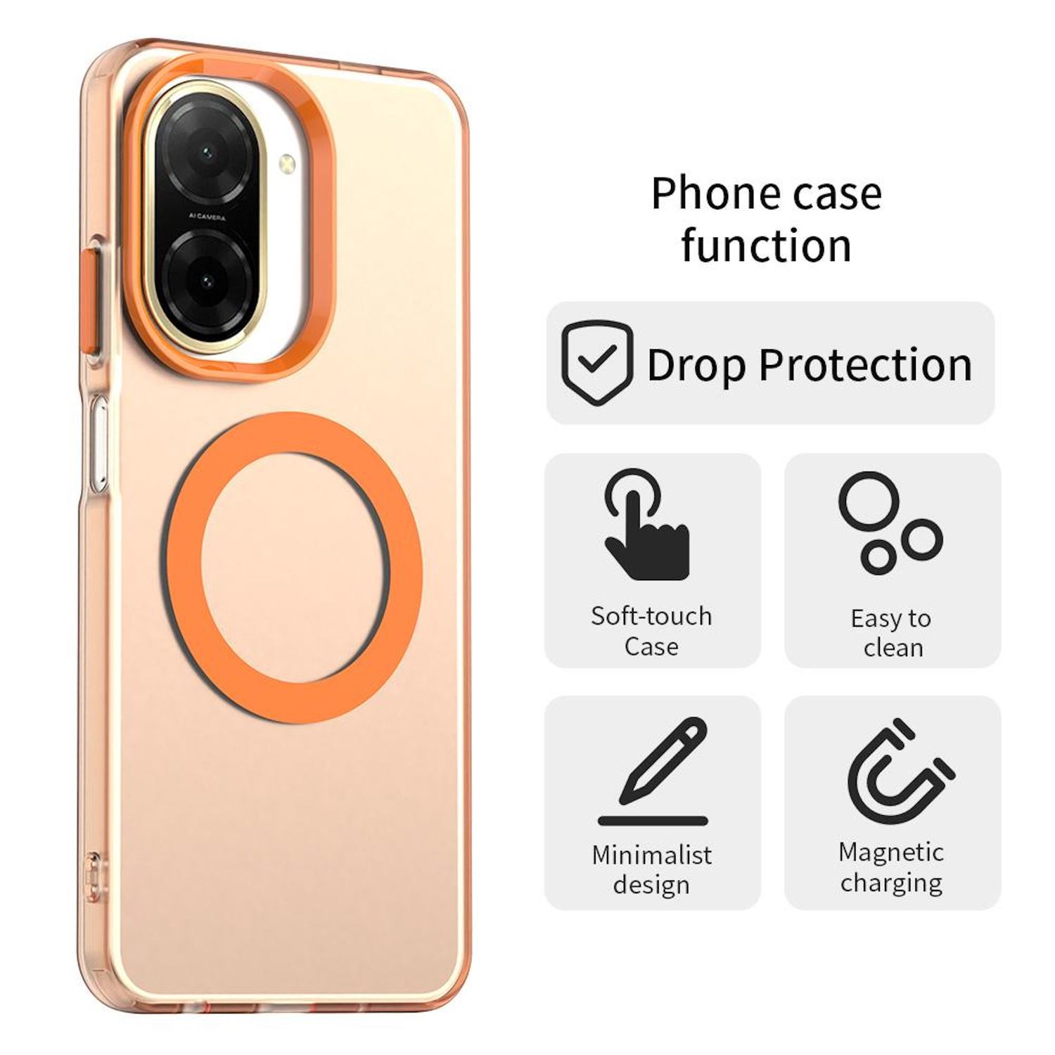 Funda con anillo magnético. Protección contra caídas, tacto suave, fácil limpieza, diseño minimalista, carga magnética.