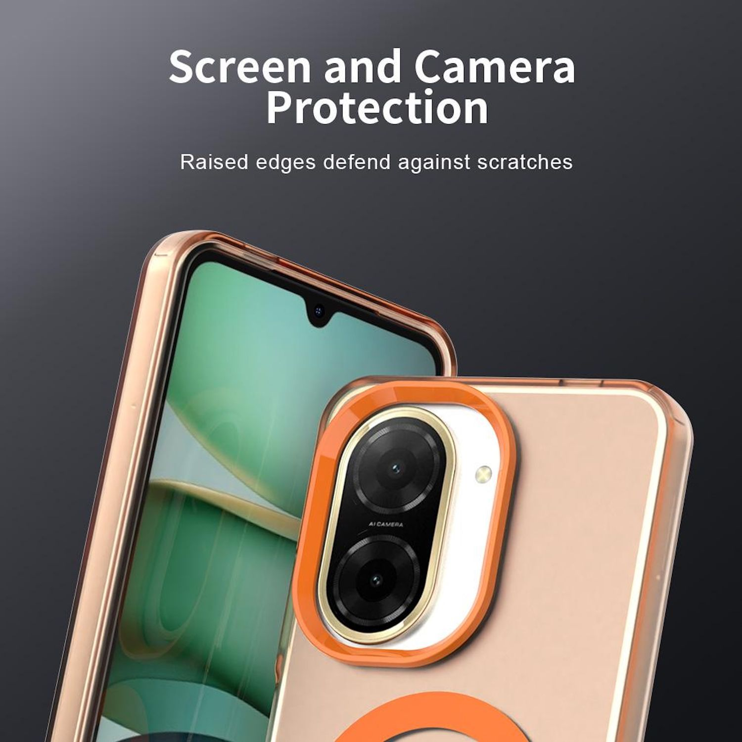 Funda con protección de pantalla y cámara. Bordes elevados para defender contra arañazos. Anillo naranja.