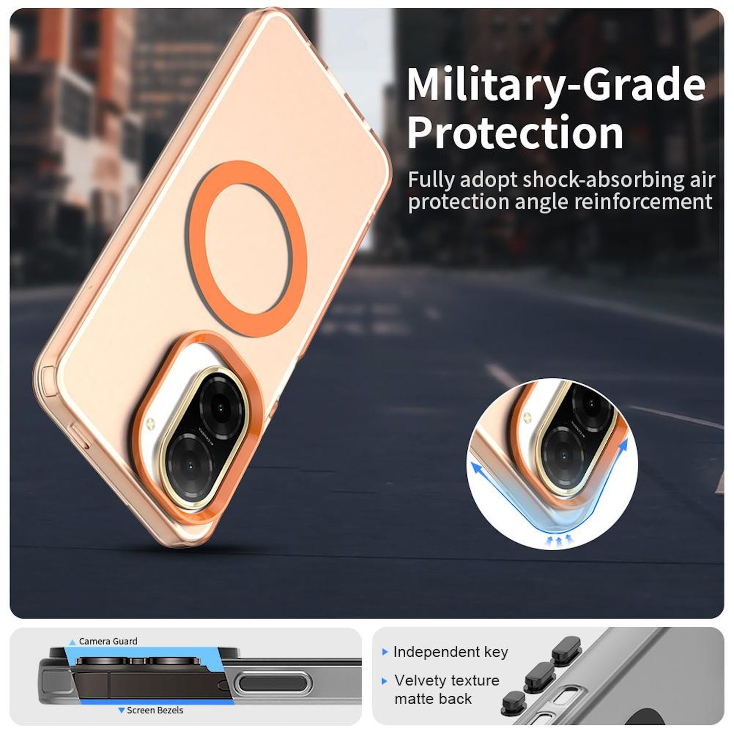 Funda con anillo magnético. Protección de grado militar con refuerzo de ángulo, protector de cámara. Anillo naranja.