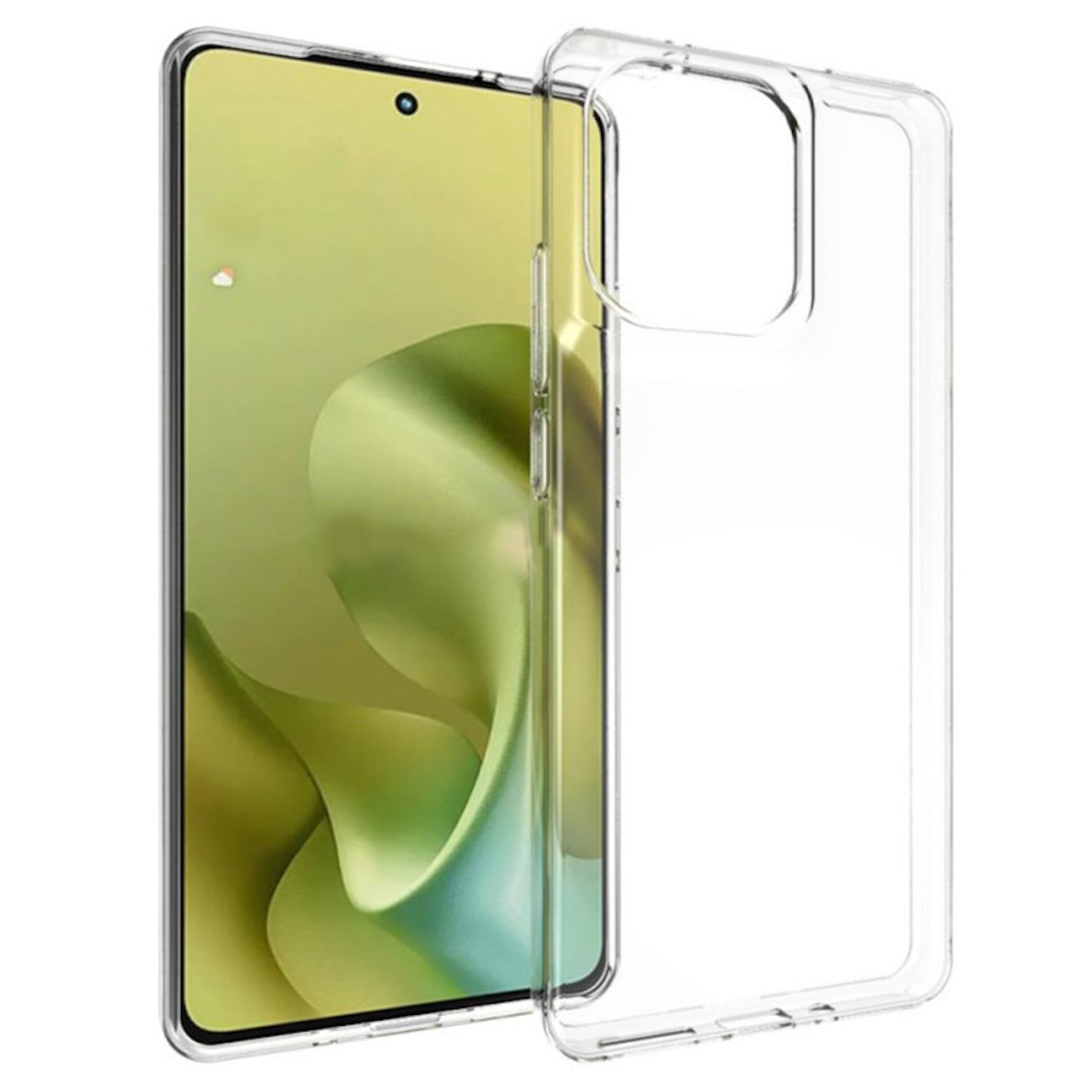 Eine transparente Handyhülle auf einem Telefon, das den Bildschirm zeigt. Die Hülle schützt das Telefon und zeigt das Display.