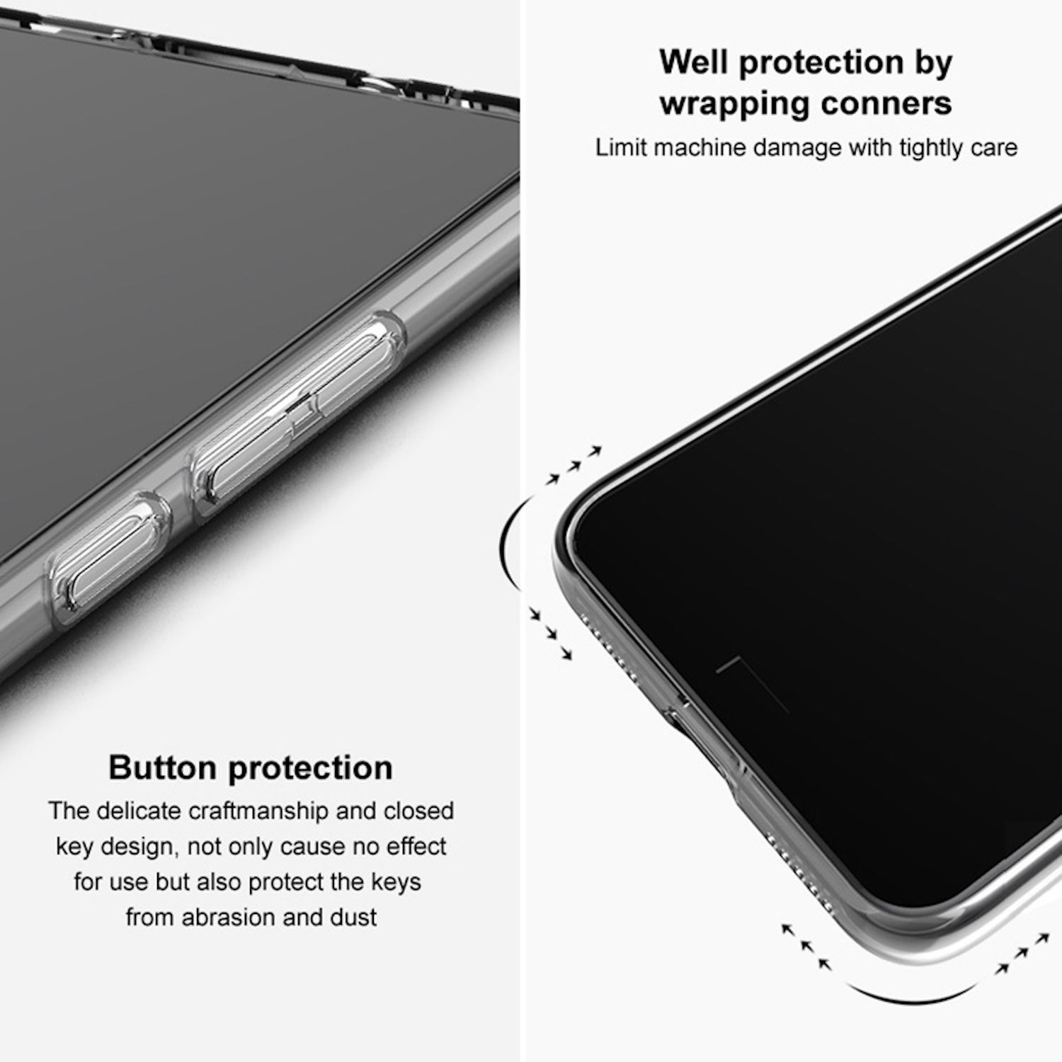 Primer plano de un teléfono, con una funda que muestra protección de botones y esquinas bien envueltas para protección.