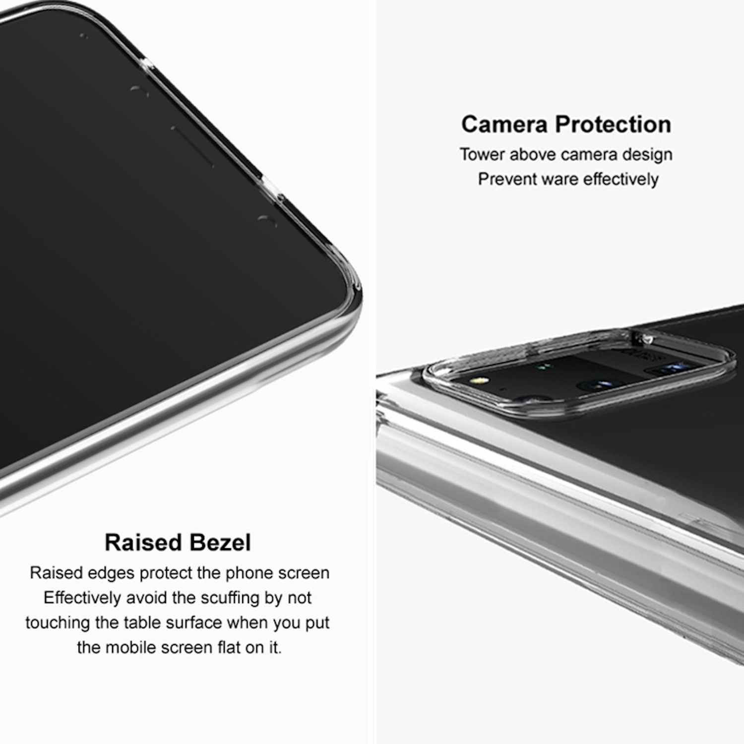 Primer plano de una funda de teléfono. La funda tiene un bisel elevado para proteger la pantalla y la cámara.