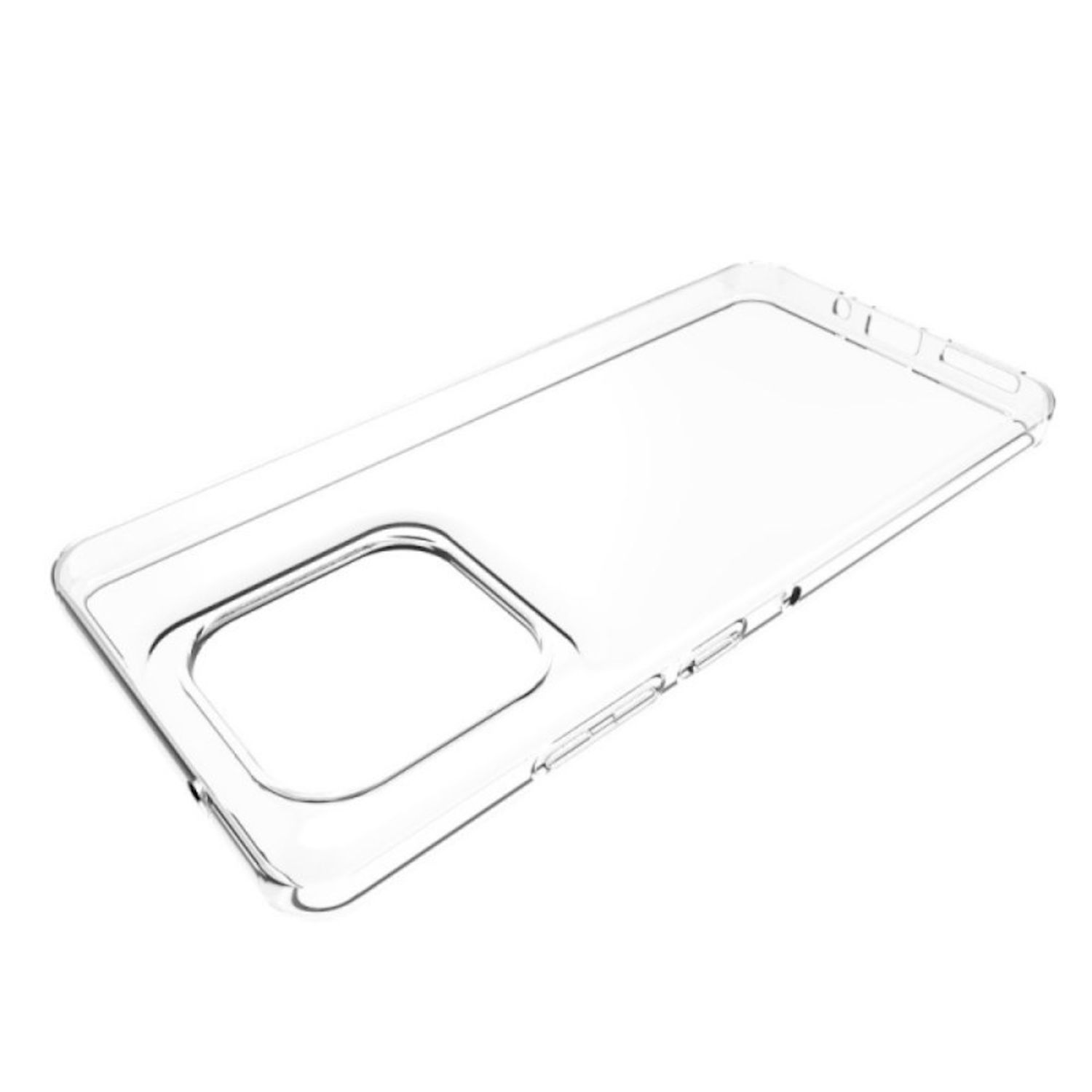 Transparente Handyhülle. Angeschaute Ansicht. Die Hülle hat eine Aussparung für Kamera und Tasten.