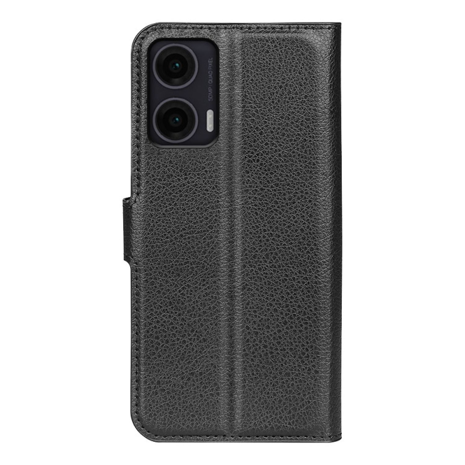 Funda de cuero negra para teléfono, cerrada y abierta. La funda abierta muestra el módulo de la cámara del teléfono.