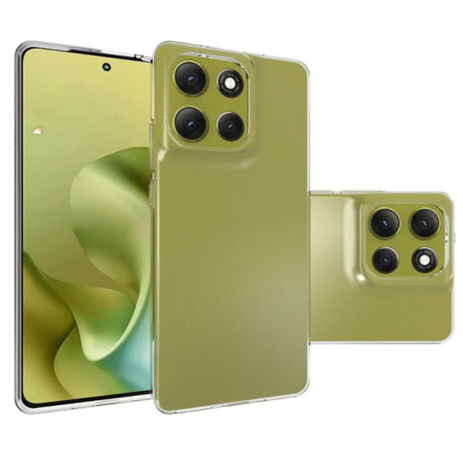 Olivgrüne Handyhülle mit durchsichtigem Rücken. Die Hülle befindet sich auf einem Telefon und hat Aussparungen für die Kamera.