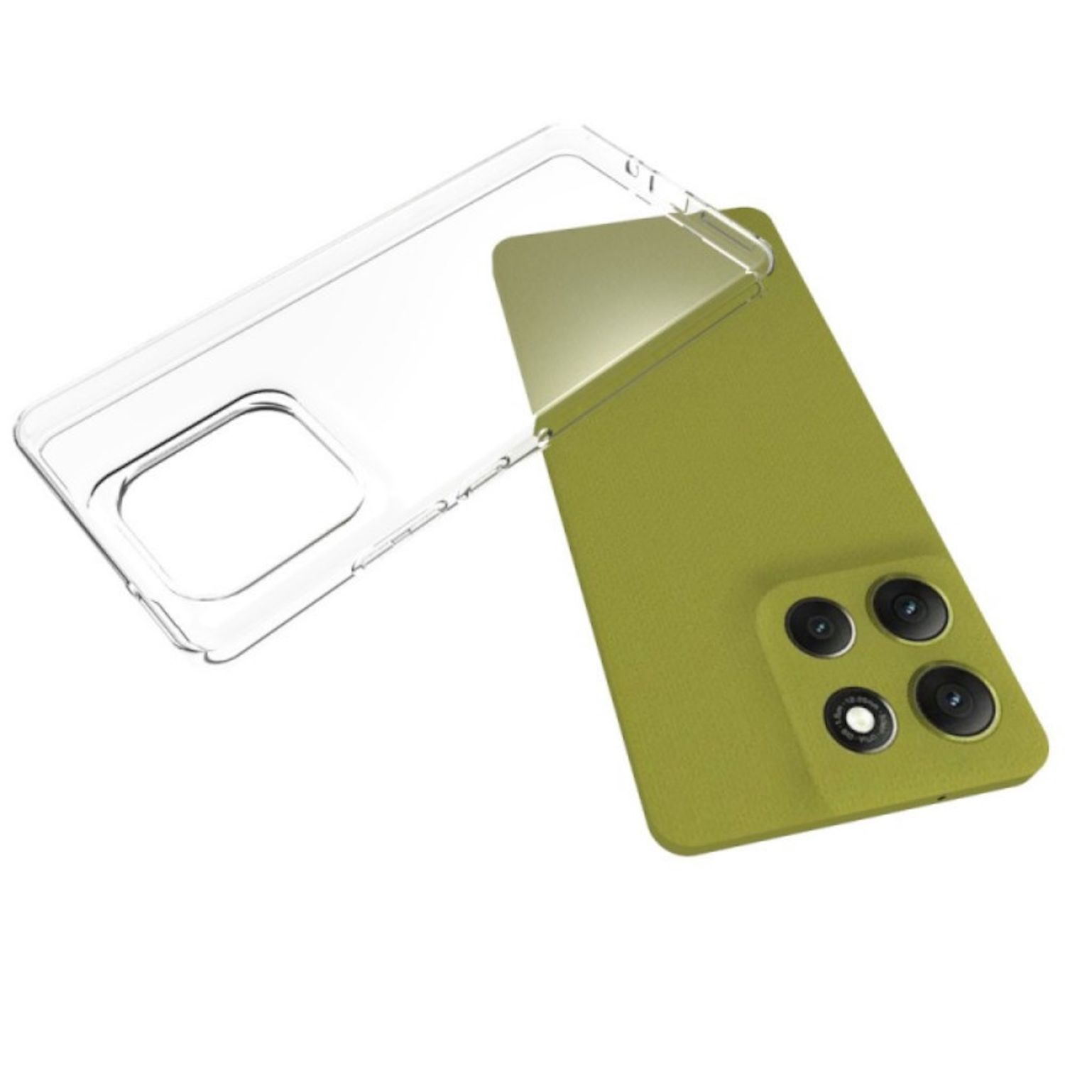 Grünes Telefon mit durchsichtiger Hülle. Das Telefon hat eine Kameraerhebung.
