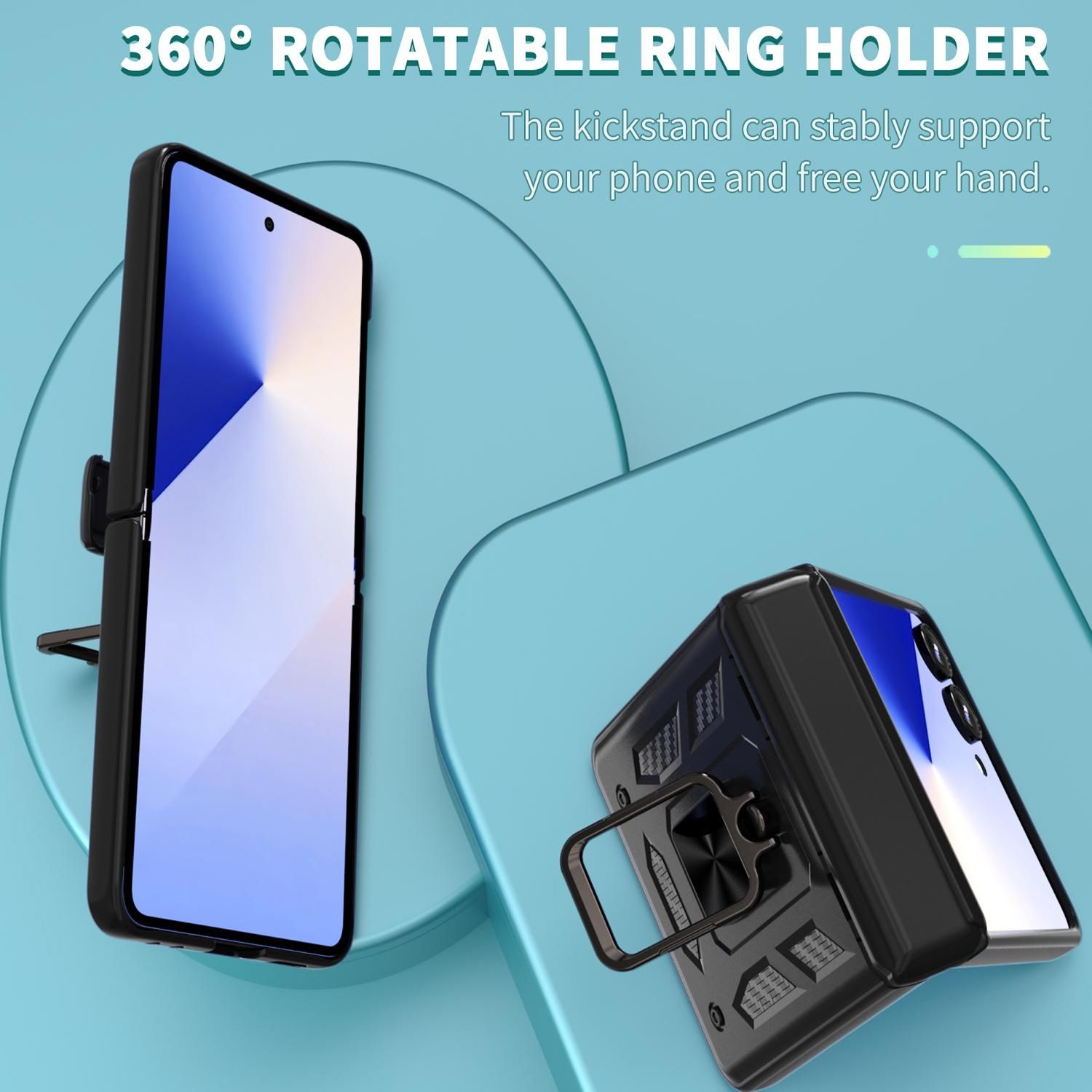 Schwarzes Telefon mit Hülle und Ständer, blauer Hintergrund. Text: 360° drehbarer Ringhalter.