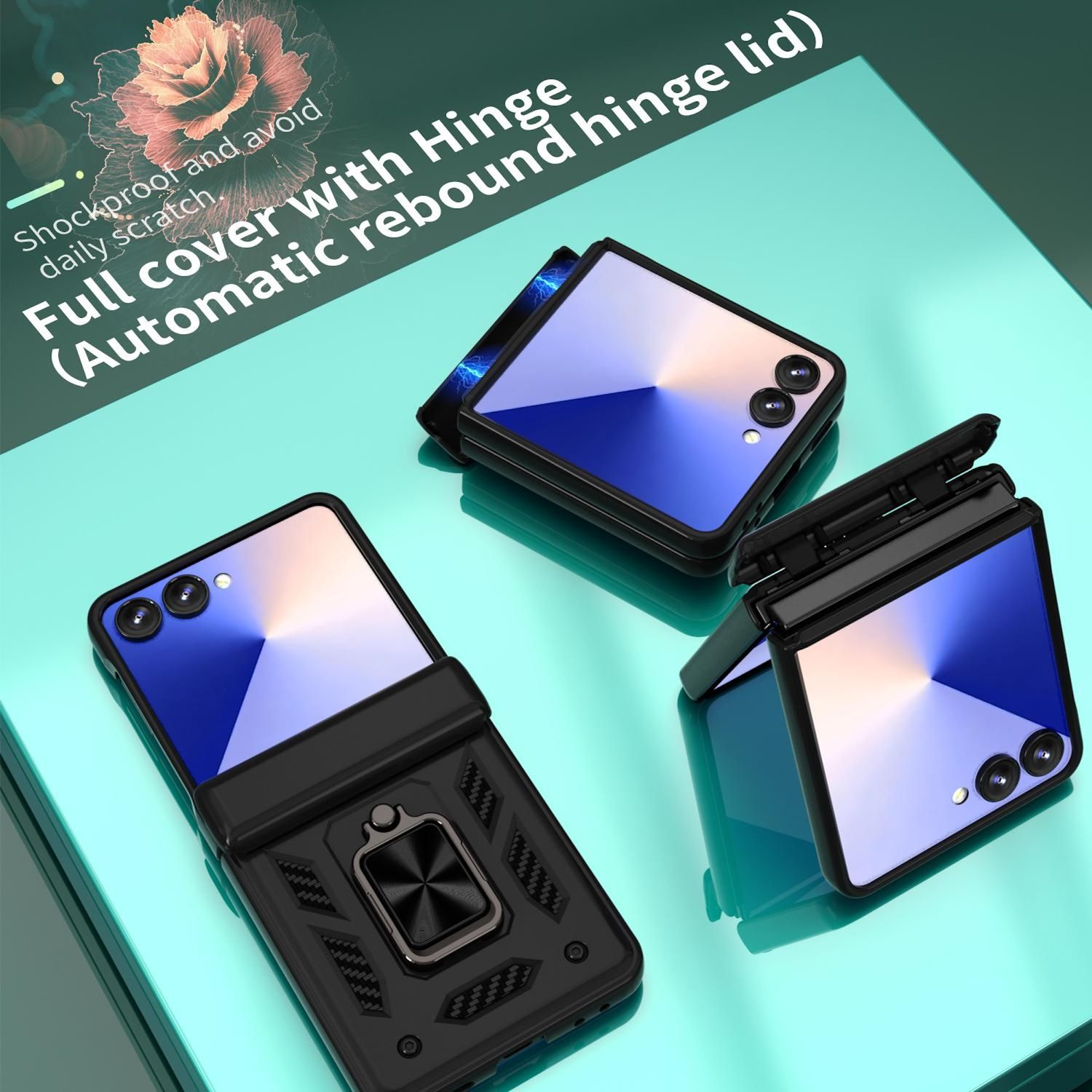 Drei offene, faltbare Telefone in Schwarz, mit einem blauen Design auf dem Bildschirm. Alle sind in Hüllen.