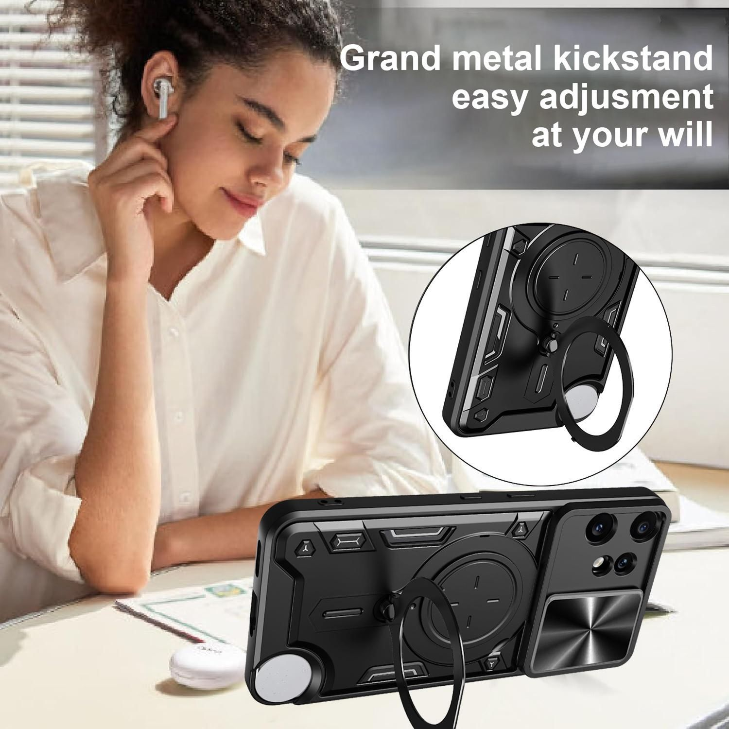 Eine Frau, die eine schwarze Handyhülle mit einem Ringhalter verwendet. Text sagt 'Großer Metall-Kickstand einfache Anpassung nach Belieben'.