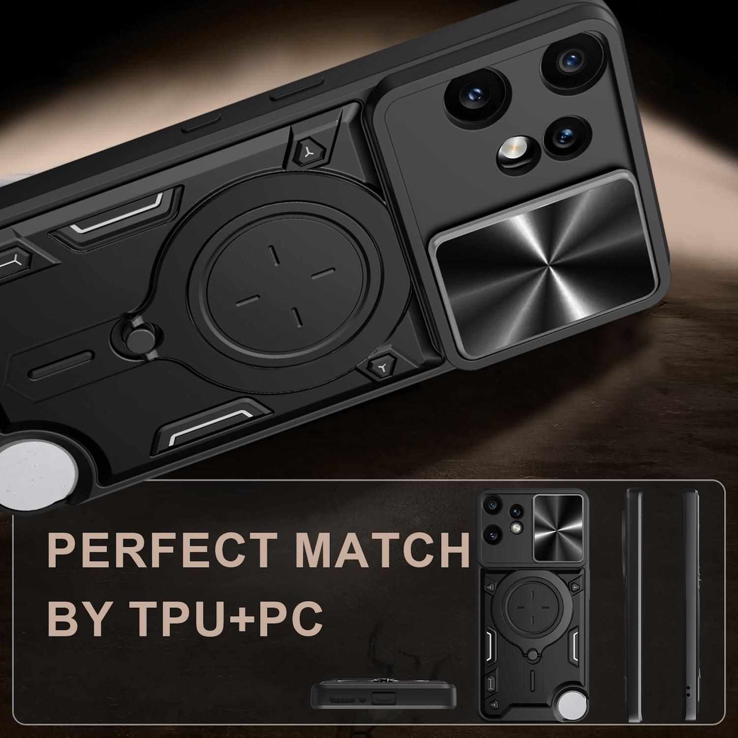 Schwarze Handyhülle mit strukturiertem Design, Kameraausschnitten und Text 'PERFECT MATCH'.