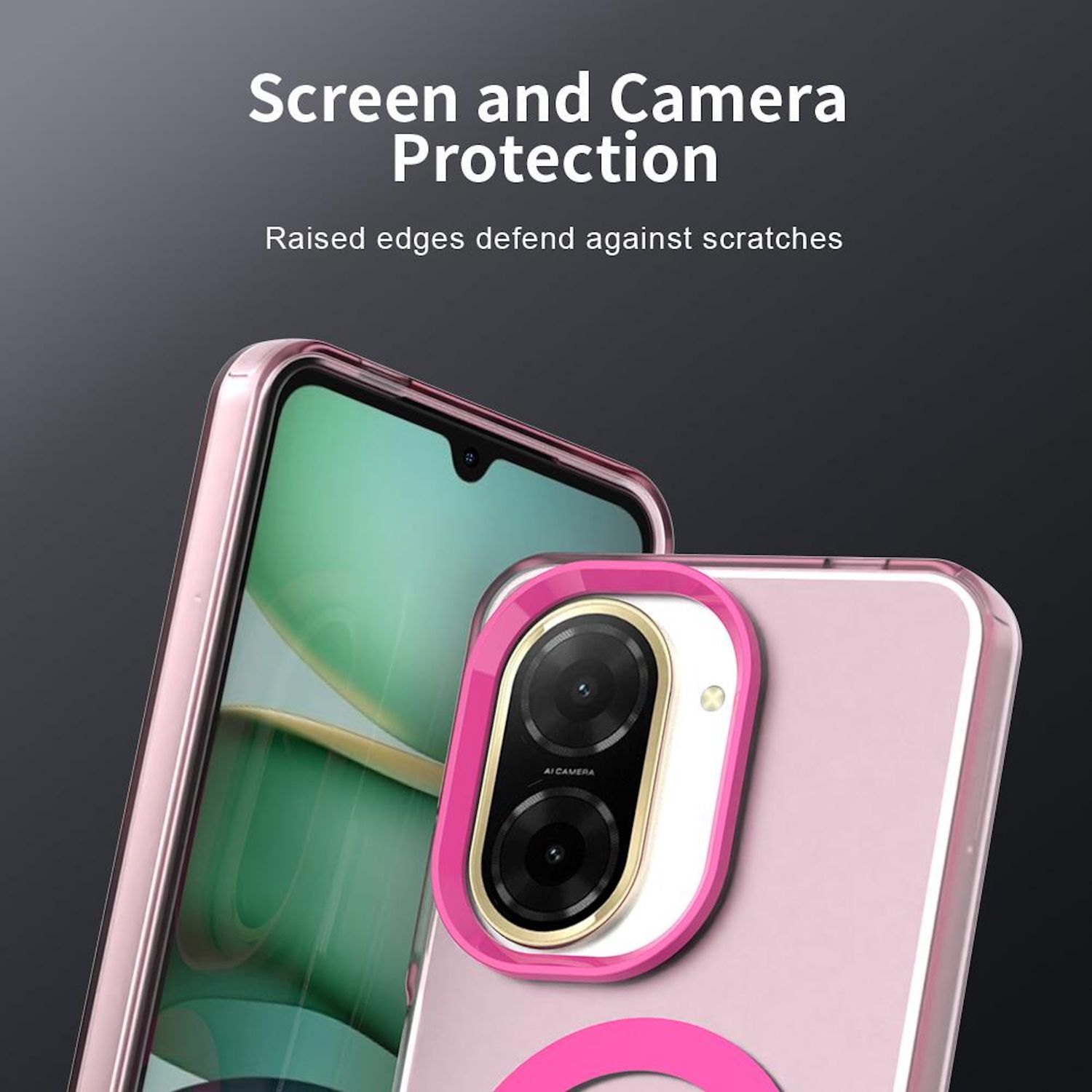 Eine Handyhülle mit rosa Rahmen und weißem Kameraring. Im Hintergrund ein Telefon.
