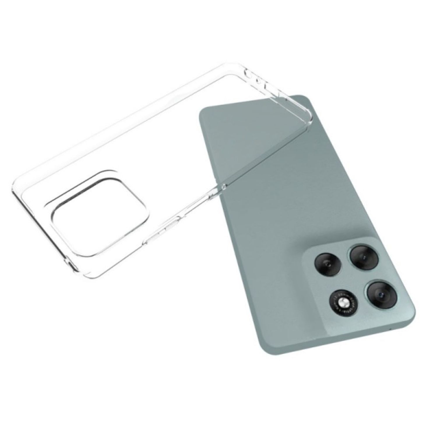 Eine Handyhülle und ein Telefon werden gezeigt. Die Handyhülle ist durchsichtig, das Telefon ist grün und hat mehrere Kameralinsen.