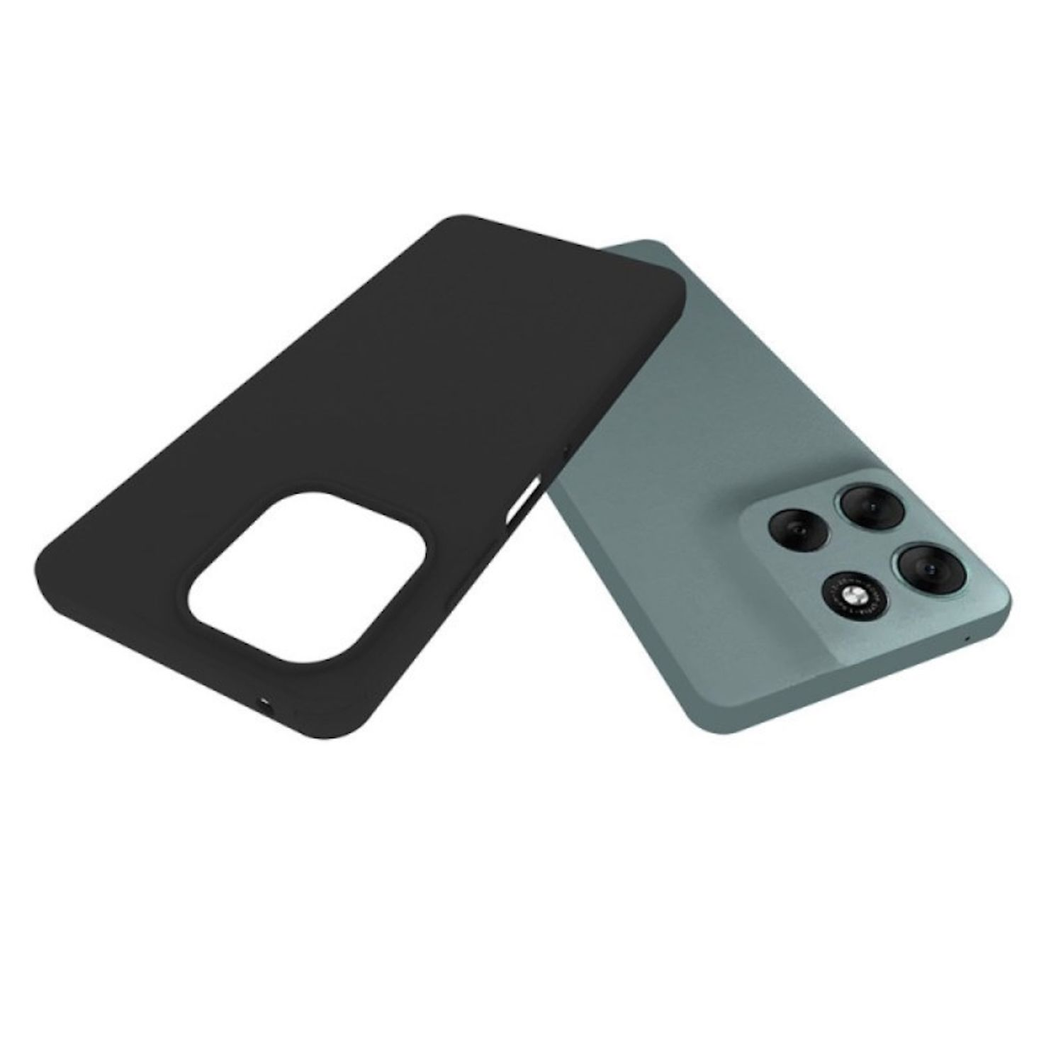 Schwarze Handyhülle neben einem grauen Telefon mit mehreren Kameras. Die Hülle ist separat.
