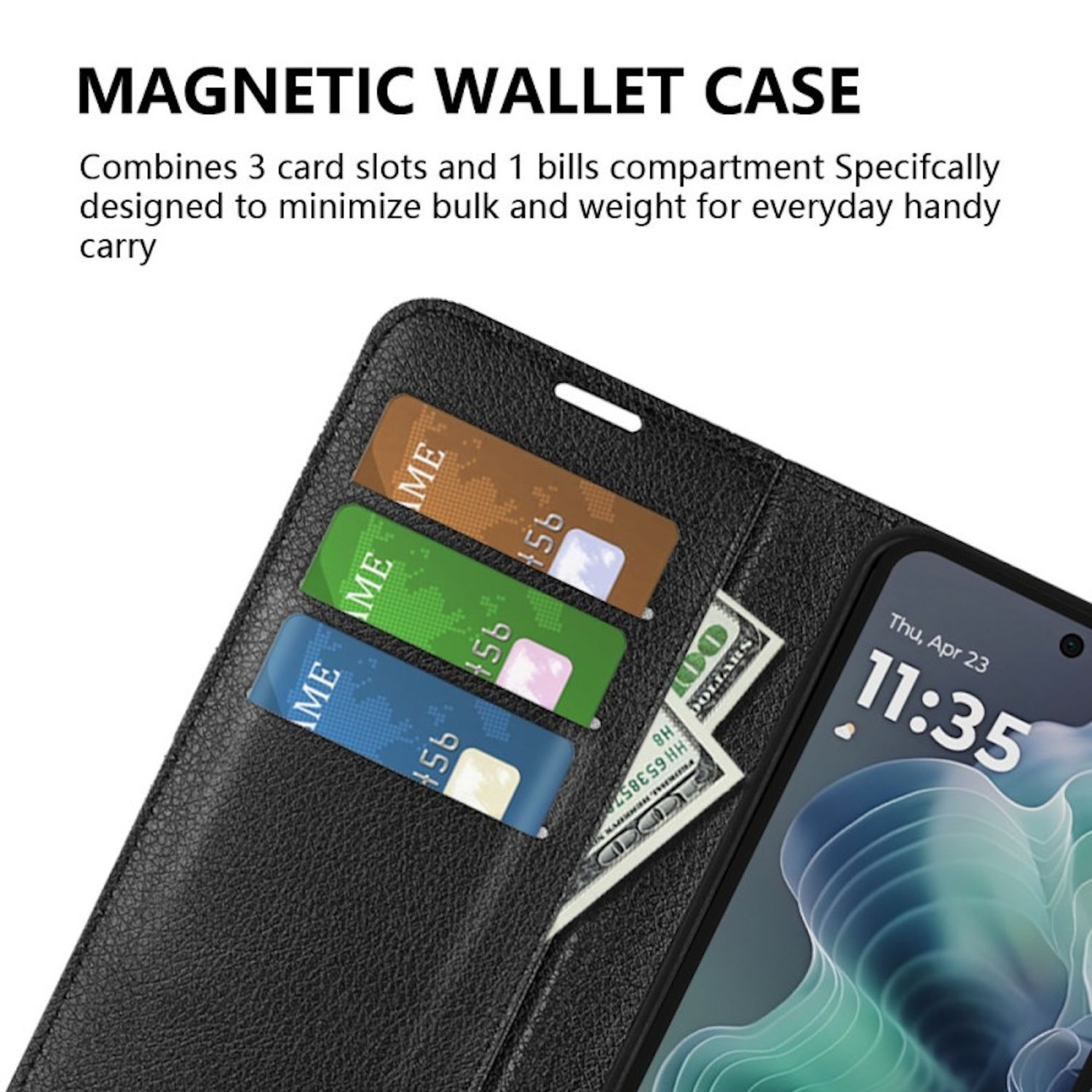 Una funda de teléfono con tres ranuras para tarjetas y un compartimento para billetes. El teléfono muestra un reloj. Texto: Funda de billetera magnética.