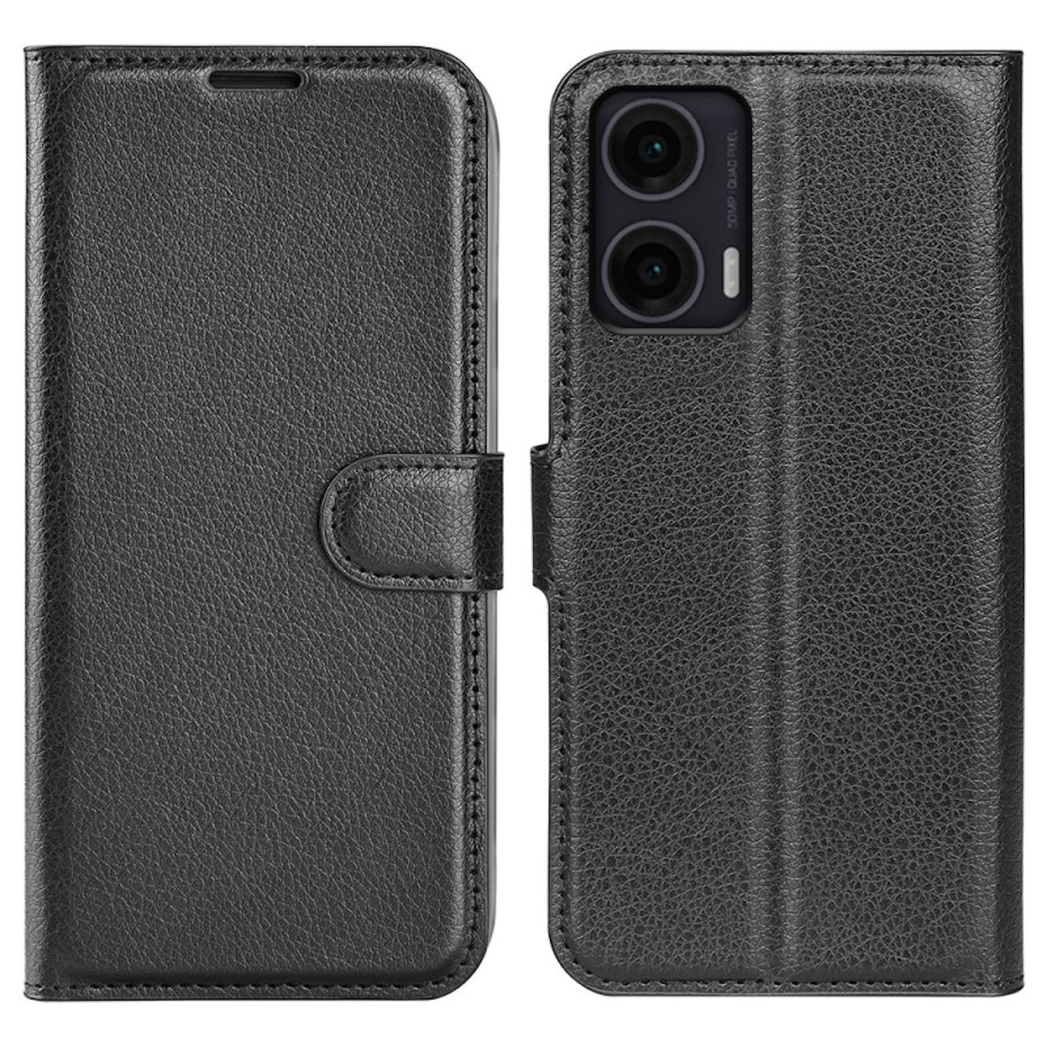Una funda de teléfono de cuero negro cerrada. La funda del teléfono tiene un recorte para la cámara. La funda parece estar cerrada.