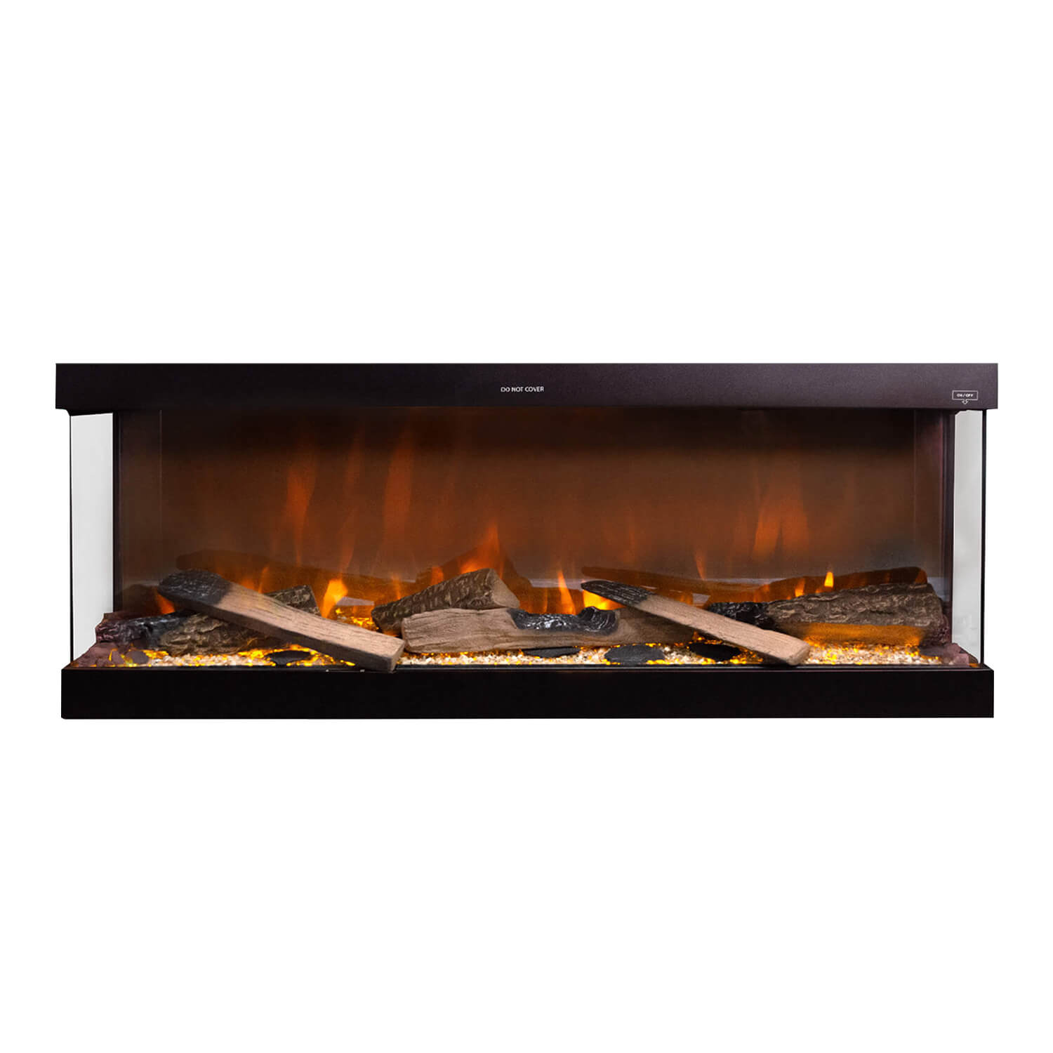 Zwarte elektrische open haard met brandende houtblokken. Vlammen zijn oranje. Het frame is zwart met glazen zijkanten.