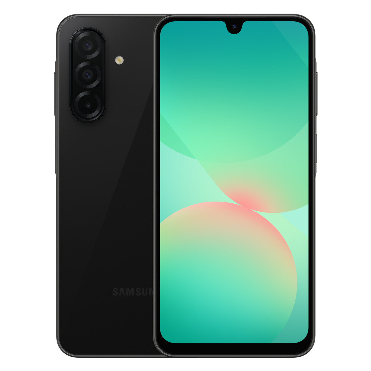 Smartphone nero con display anteriore e posteriore. Il davanti ha un gradiente verde e rosa.