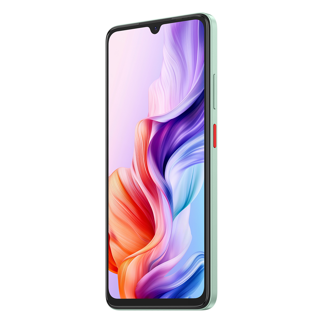 Smartfon z kolorowym, abstrakcyjnym wyświetlaczem. Telefon jest zielony z czerwonym przyciskiem z boku. Jest pochylony w prawo.