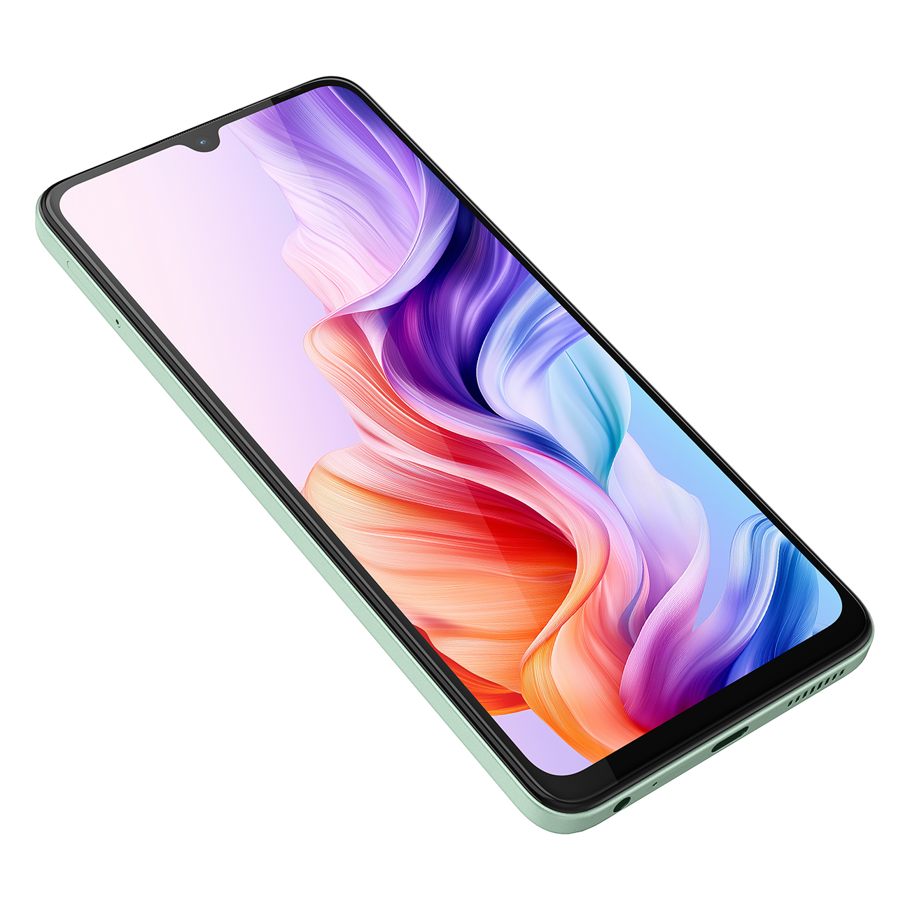 Miętowo-zielony smartfon skierowany w stronę widza. Ekran wyświetla abstrakcyjne, kolorowe wiry na białym tle.