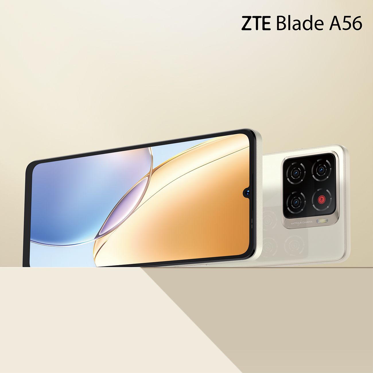 Smartfon ZTE Blade A56. Przód z abstrakcyjnym wzorem. Tył z zestawem kamer. Kremowe tło.
